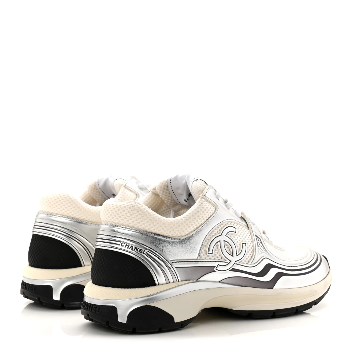 Fabric Laminated Calfskin Stretch CC Womens Sneakers 40 White Silver - Image 5