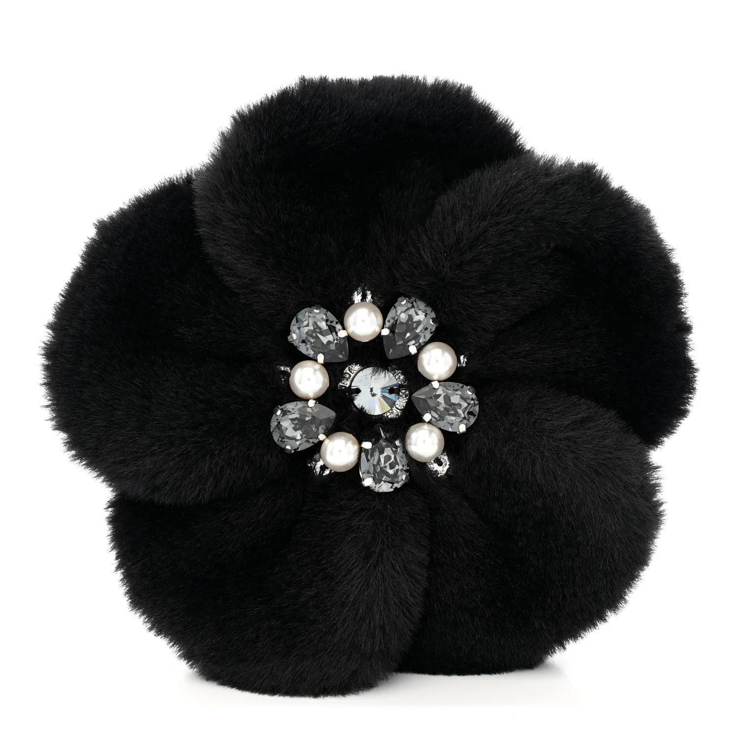 Faux Fur Strass Camellia Brooch Black