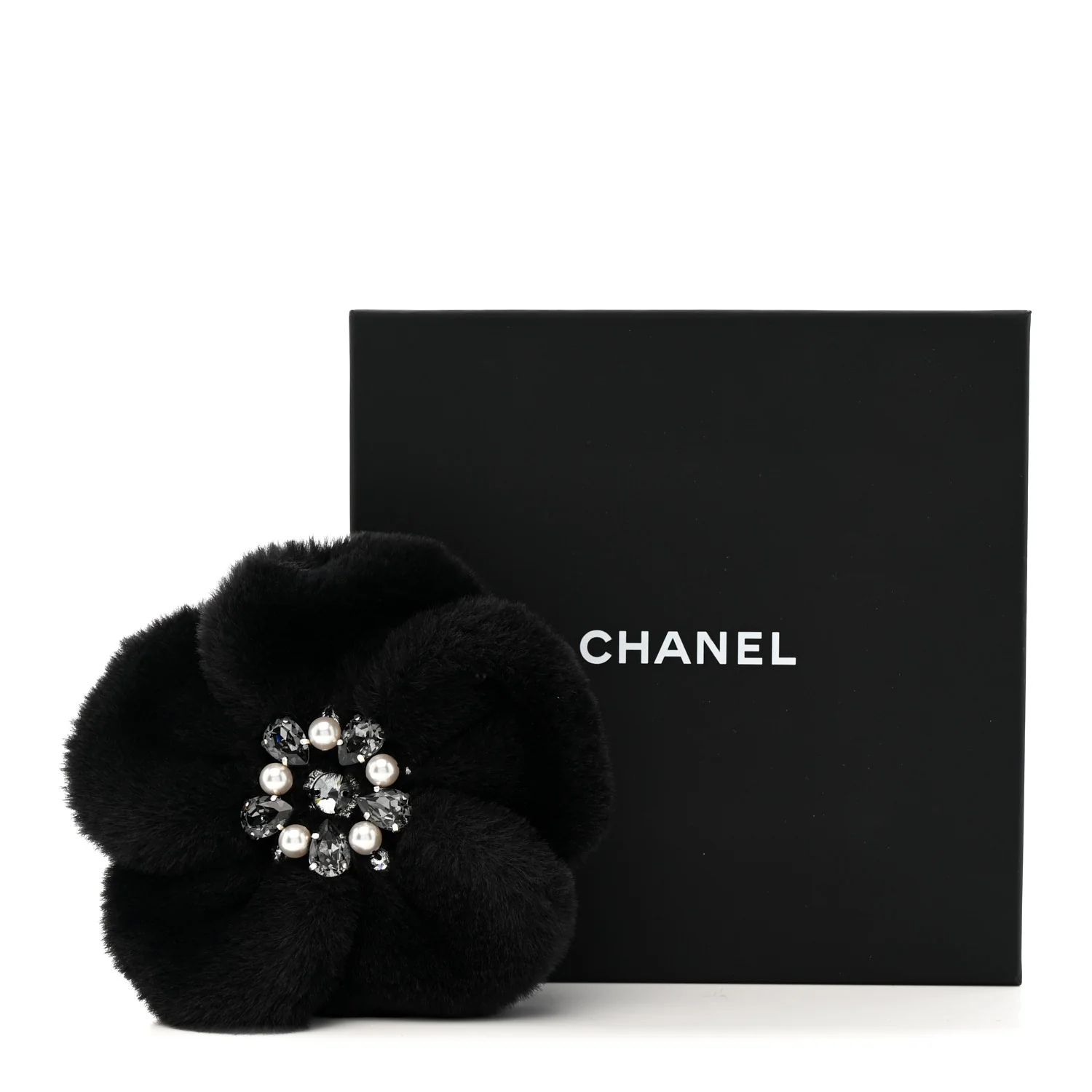 Faux Fur Strass Camellia Brooch Black - Image 5