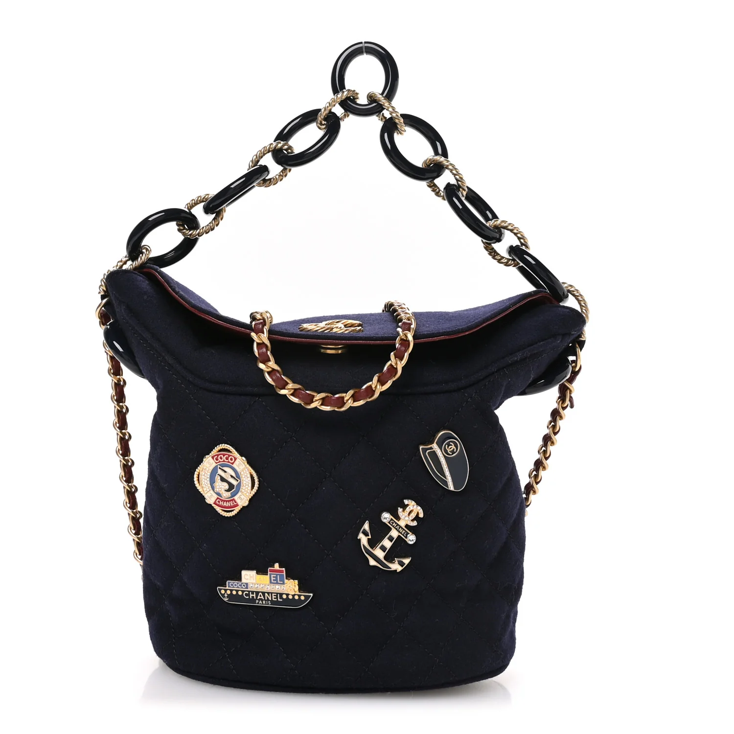 Felt Quilted Paris Hamburg Charms Drawstring Bucket Bag Dark Navy