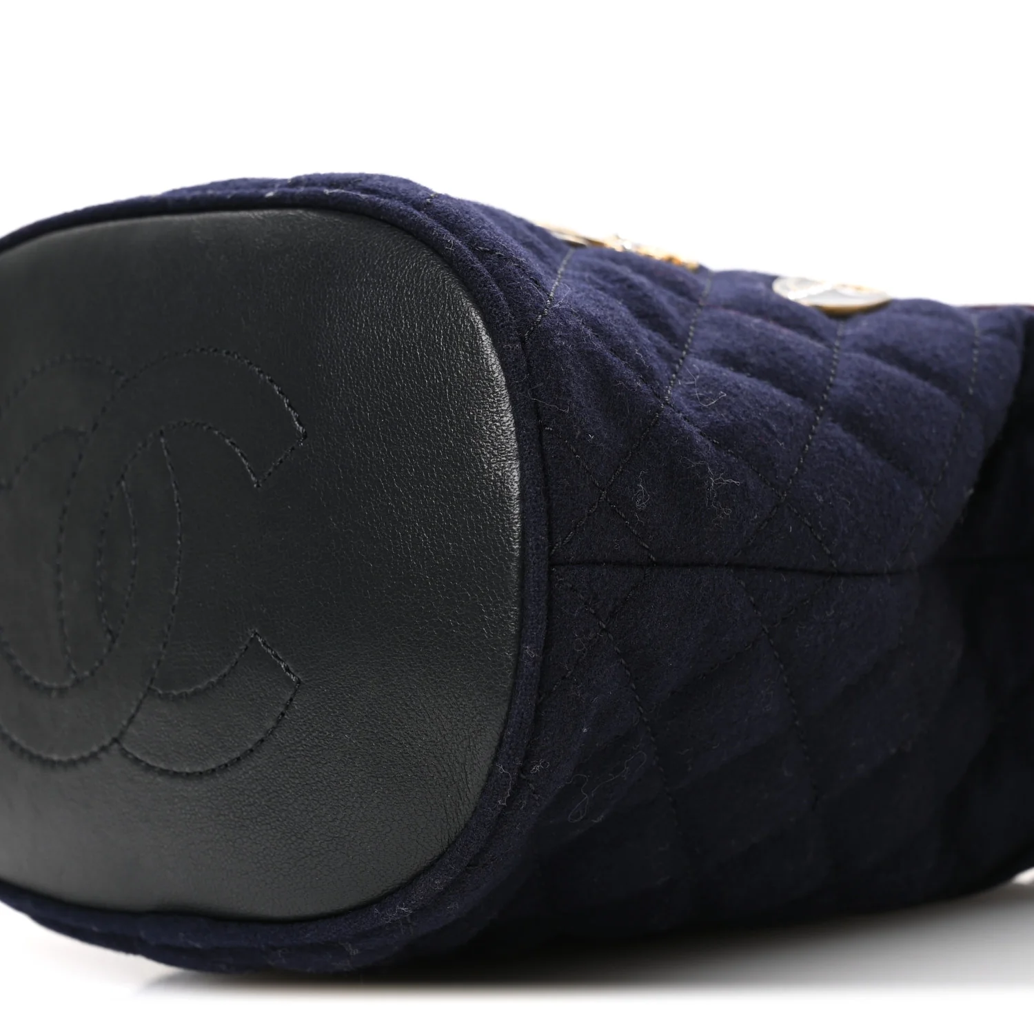 Felt Quilted Paris Hamburg Charms Drawstring Bucket Bag Dark Navy - Image 10