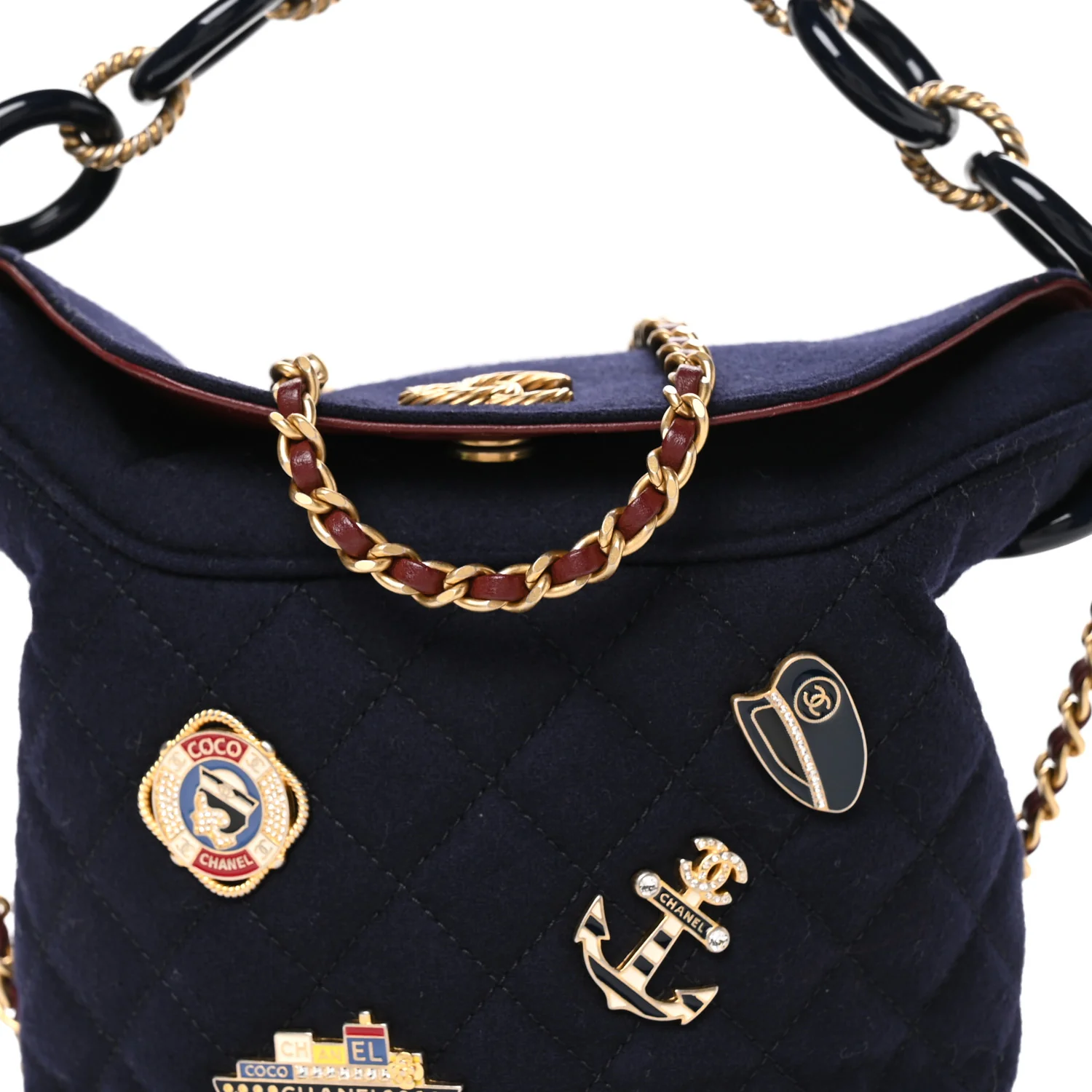 Felt Quilted Paris Hamburg Charms Drawstring Bucket Bag Dark Navy - Image 8