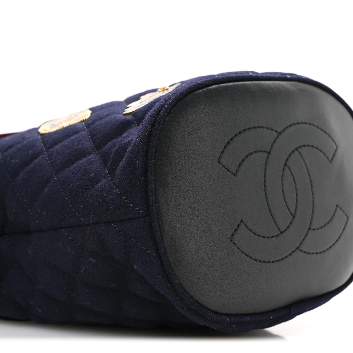 Felt Quilted Paris Hamburg Charms Drawstring Bucket Bag Dark Navy - Image 9