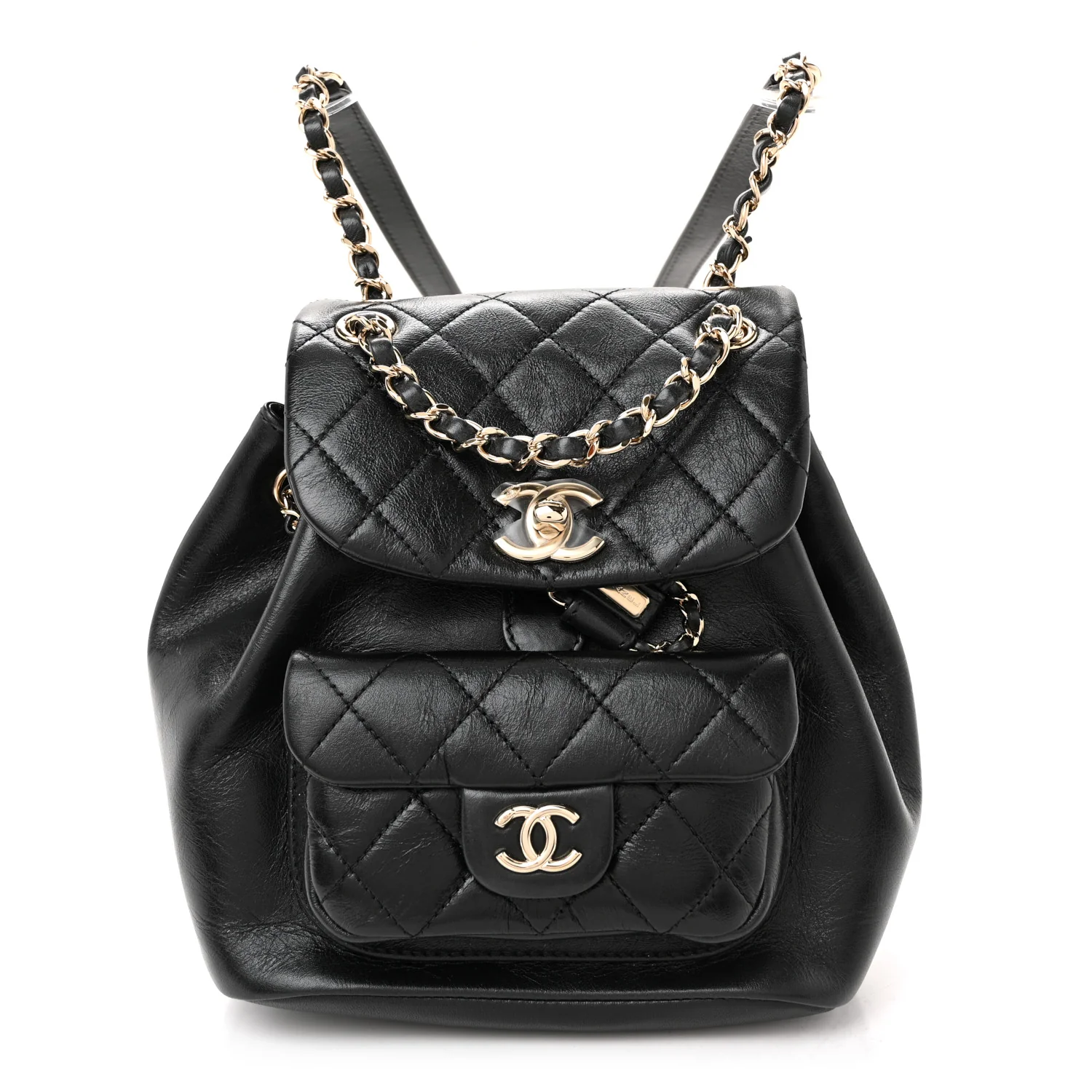 Glazed Aged Calfskin Quilted Small Duma Drawstring Backpack Black
