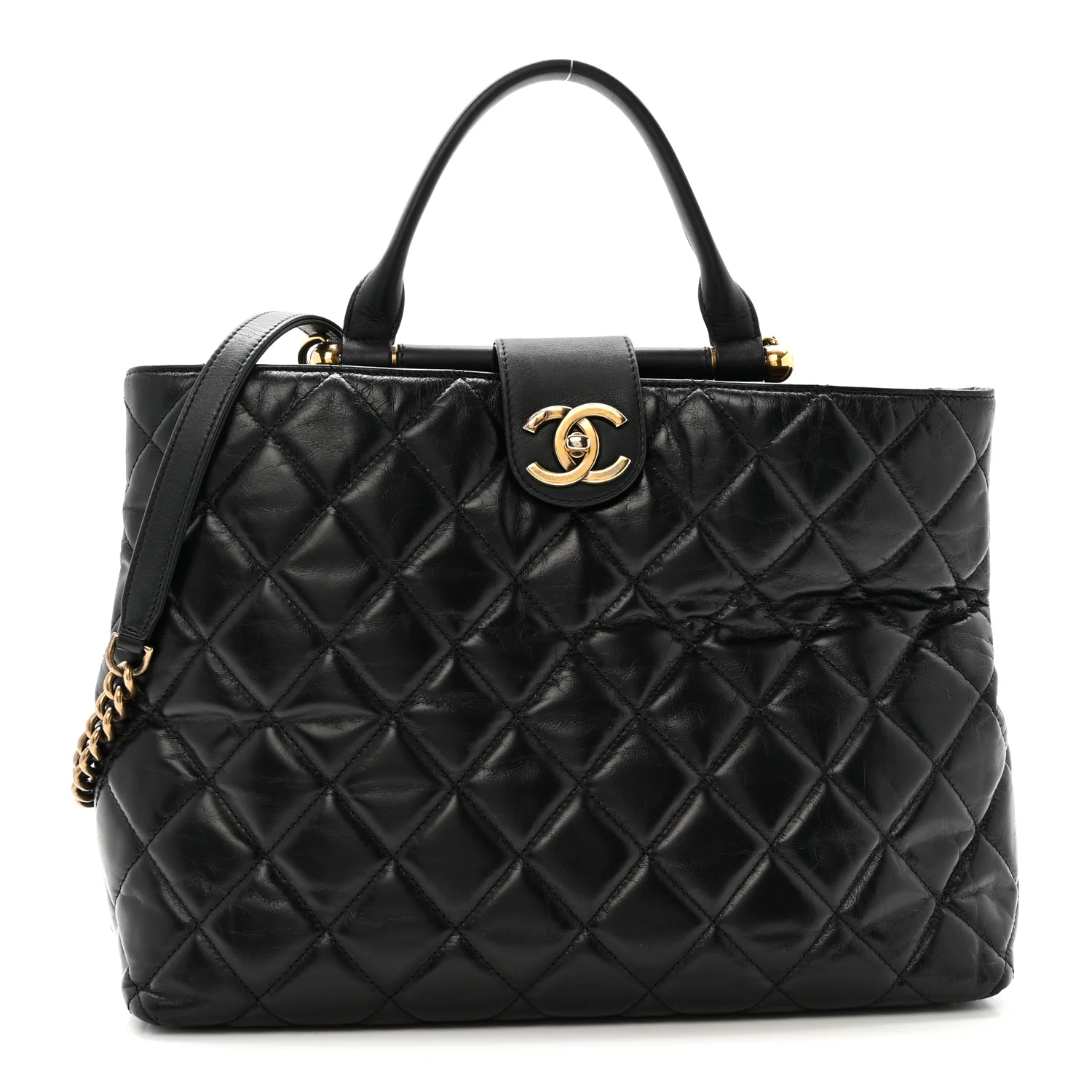 Glazed Calfskin Quilted Gold Bar Tote Black