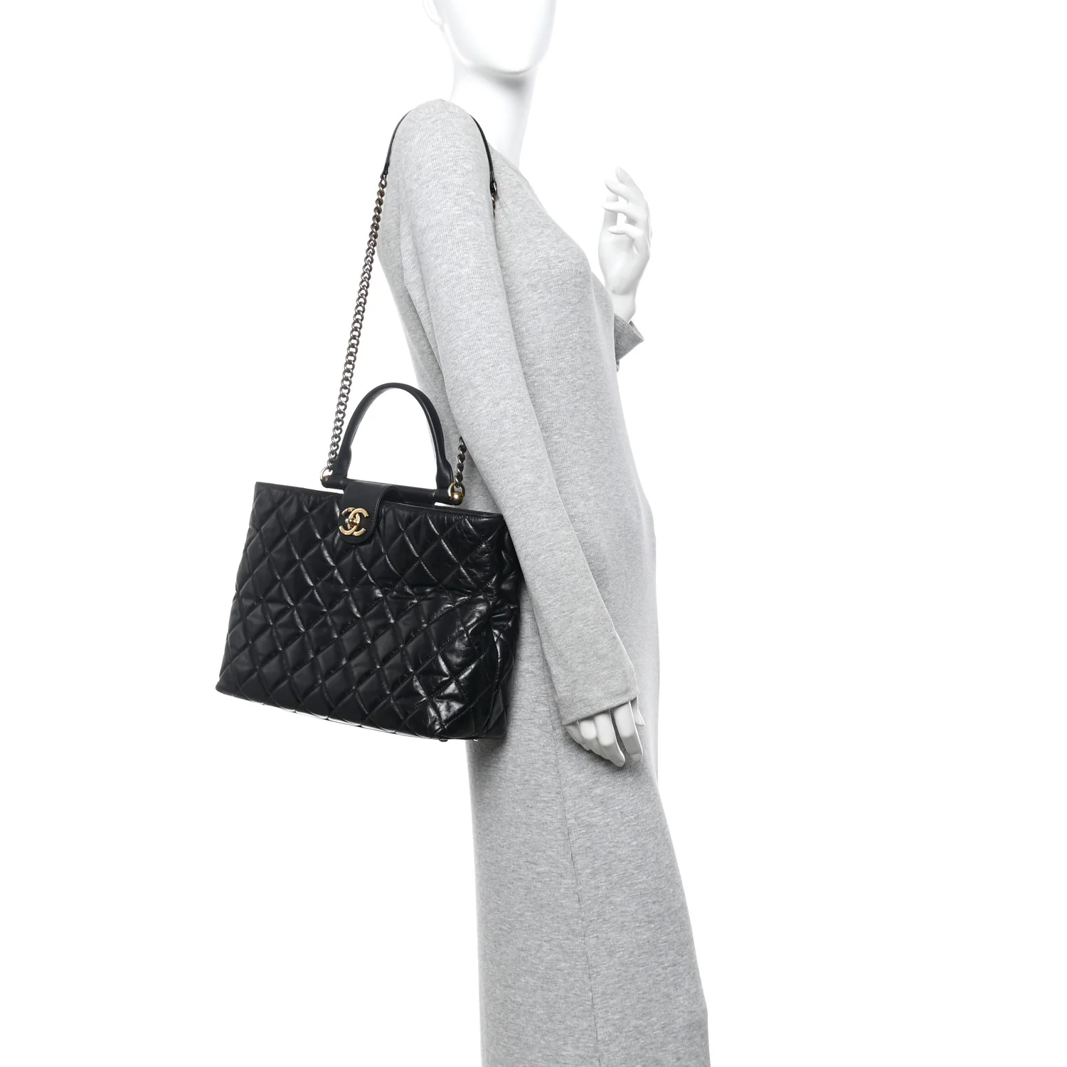 Glazed Calfskin Quilted Gold Bar Tote Black - Image 2
