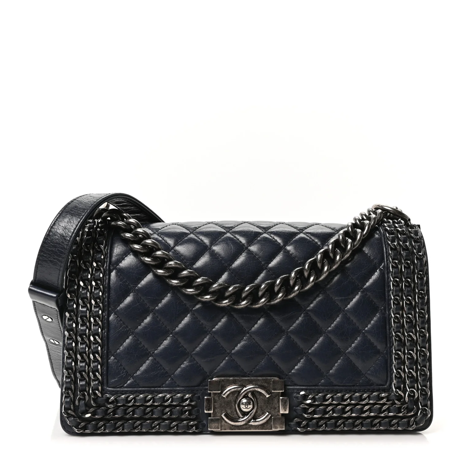 Glazed Calfskin Quilted Medium Boy Chained Flap Blue