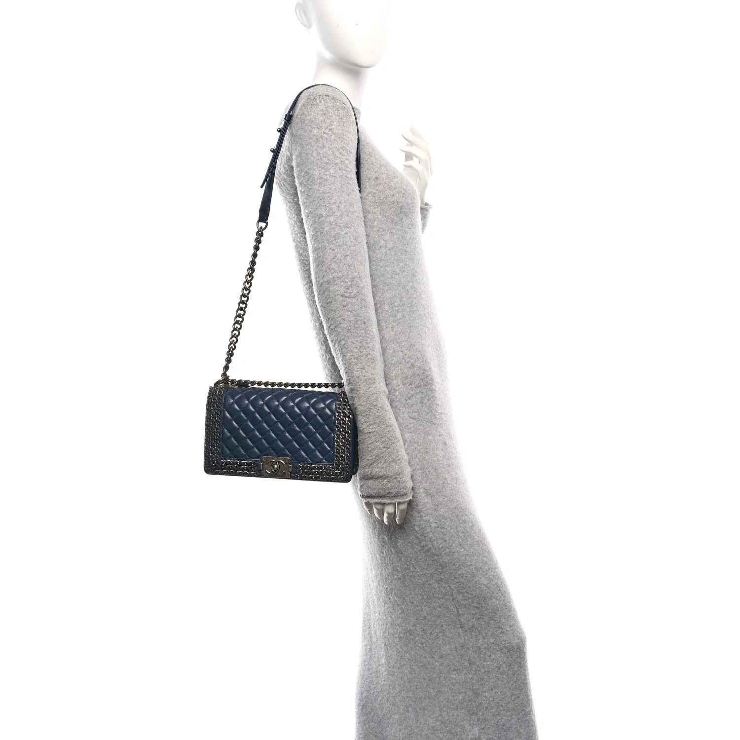 Glazed Calfskin Quilted Medium Boy Chained Flap Blue - Image 2