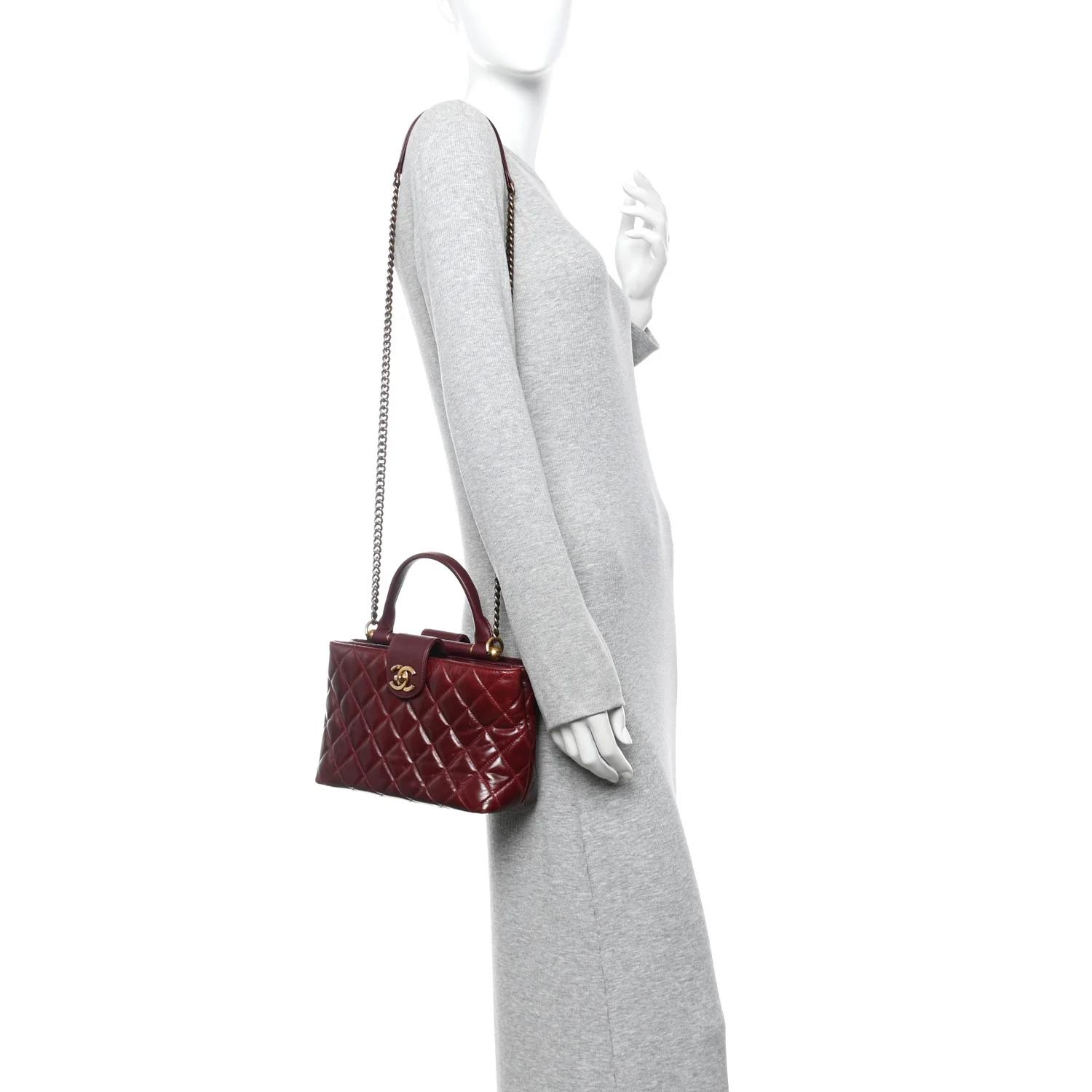 Glazed Calfskin Quilted Small Gold Bar Tote Red - Image 2