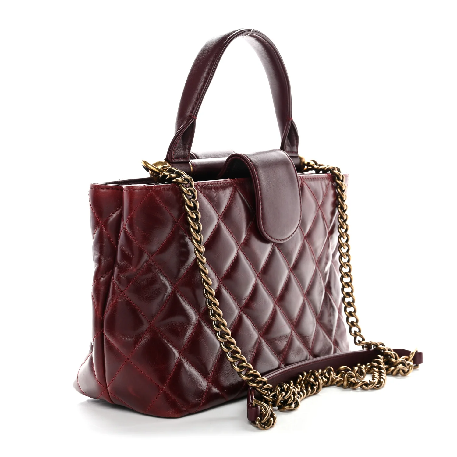 Glazed Calfskin Quilted Small Gold Bar Tote Red - Image 3