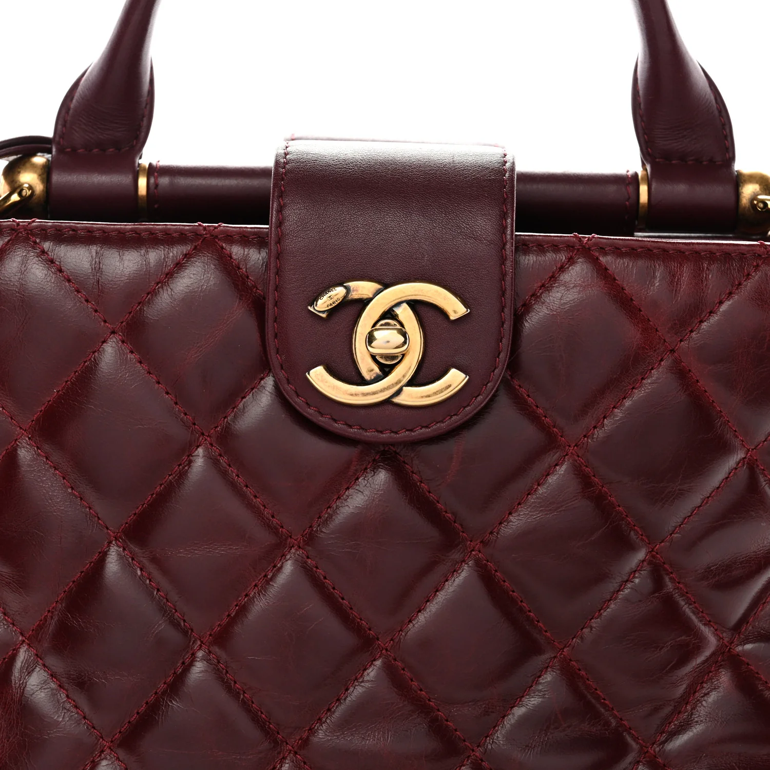 Glazed Calfskin Quilted Small Gold Bar Tote Red - Image 9