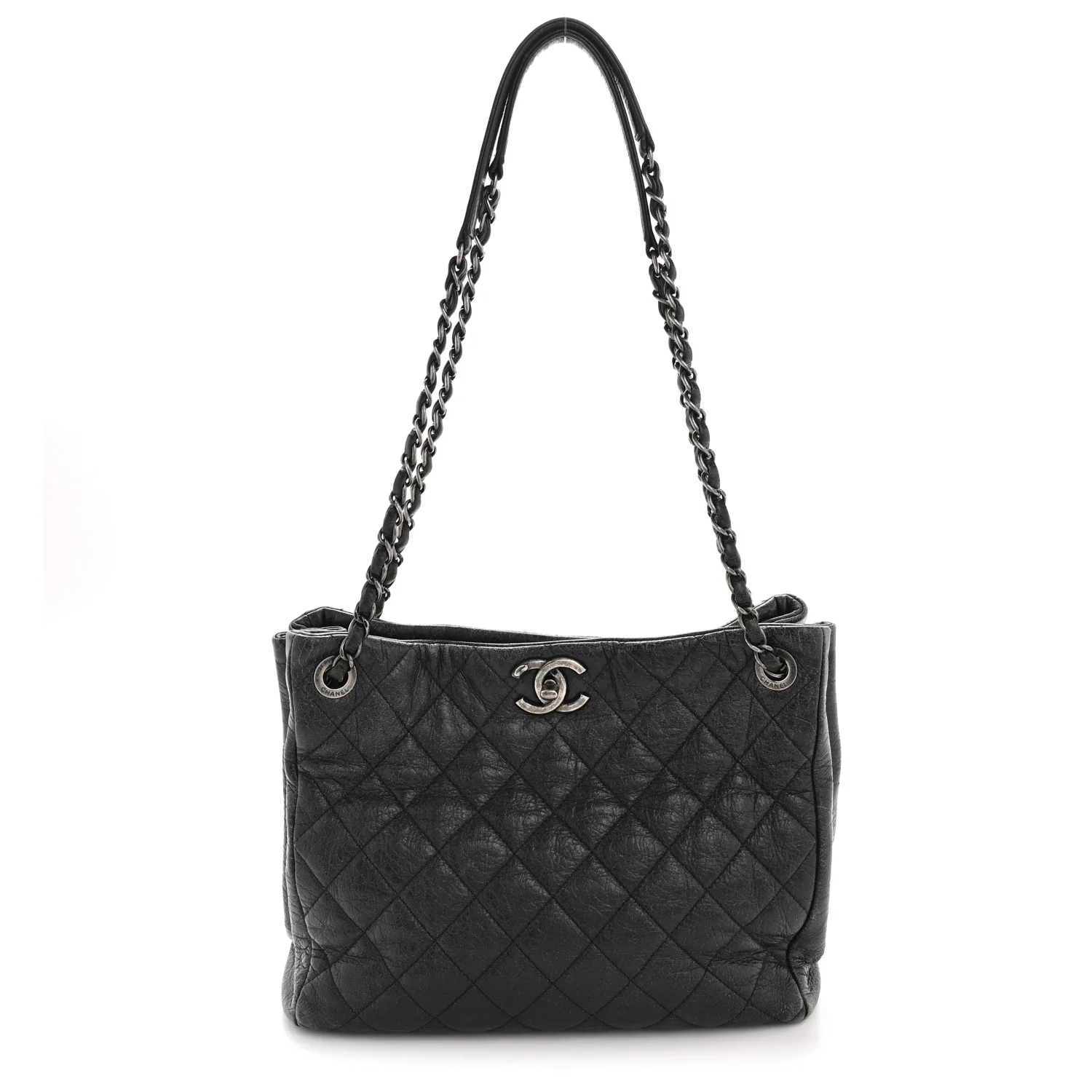 Glazed Calfskin Quilted Tote Navy