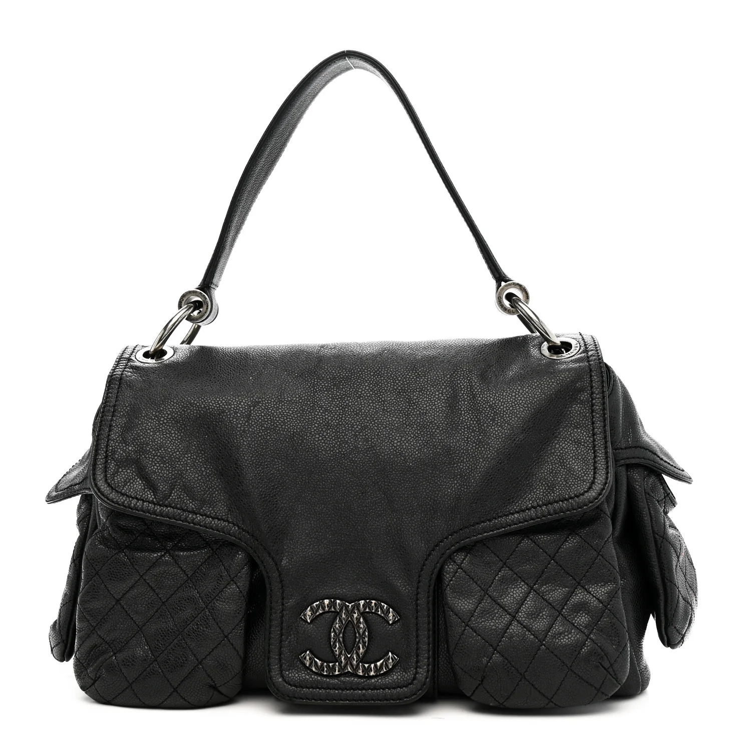 Glazed Caviar Large Coco Rider Flap Hobo Black
