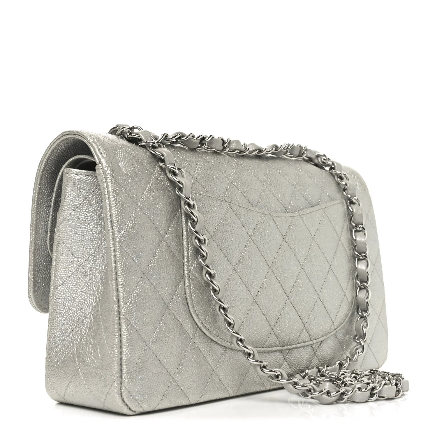 Glittered Metallic Caviar Quilted Medium Double Flap Silver - Image 3