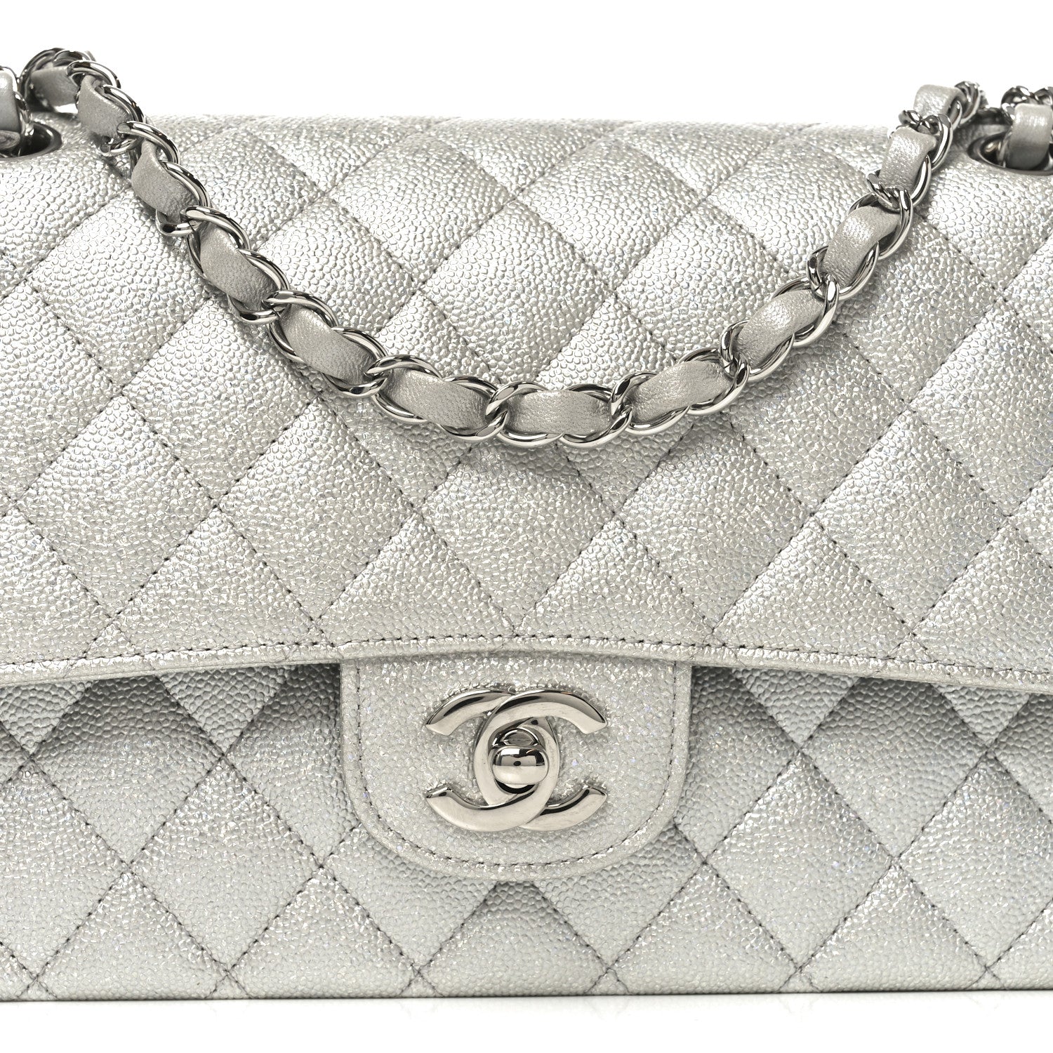 Glittered Metallic Caviar Quilted Medium Double Flap Silver - Image 8