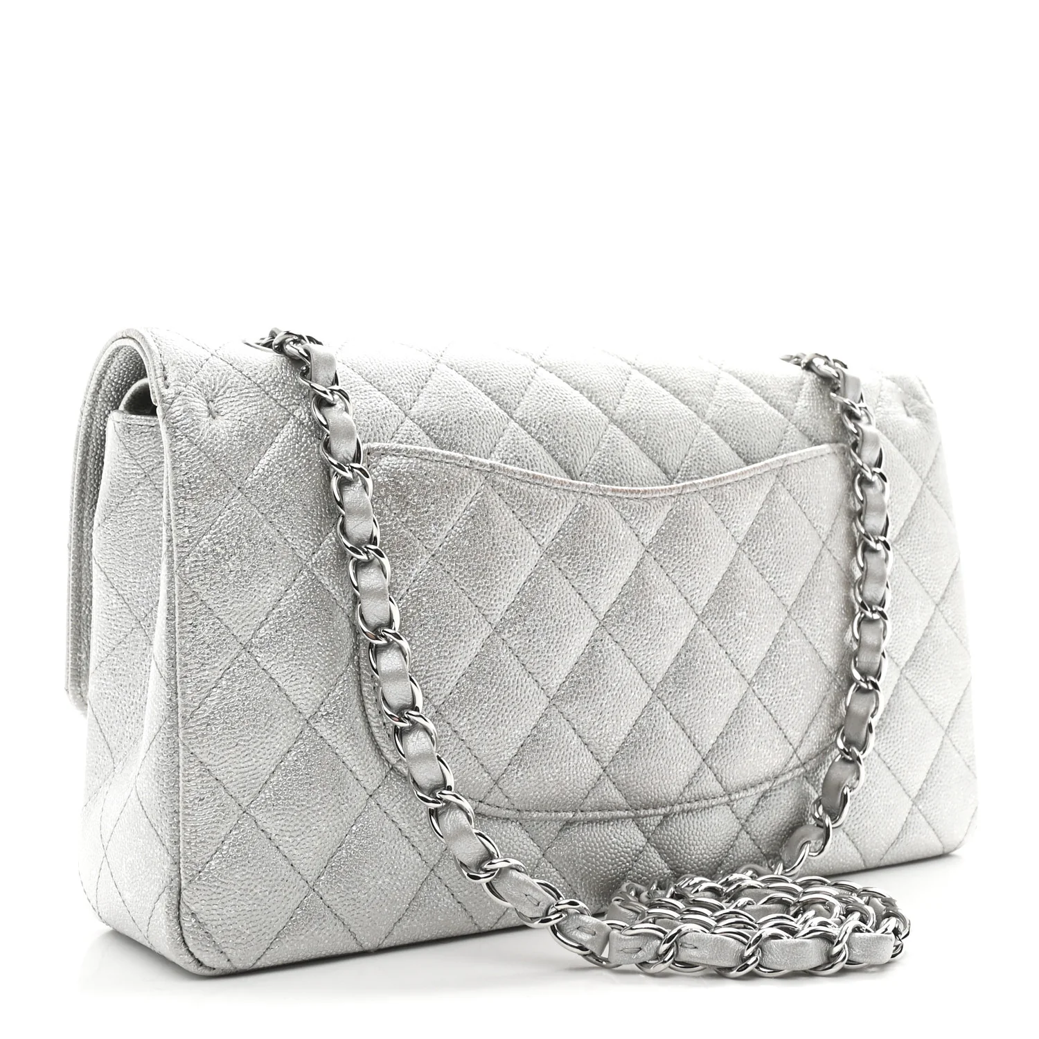Glittered Metallic Caviar Quilted Medium Double Flap Silver - Image 3