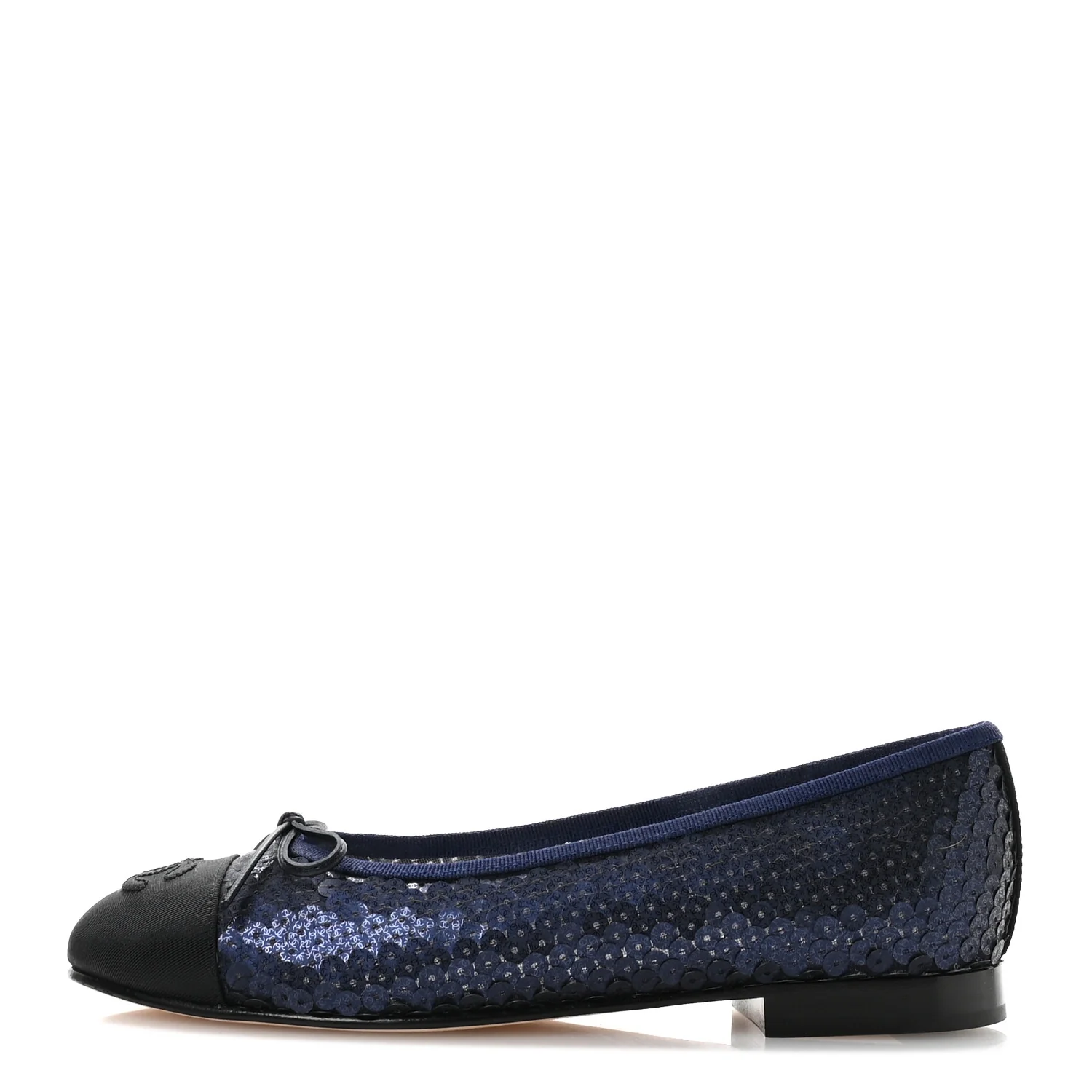 Glittered Muslin Grosgrain Cap Toe Ballerina Flats 37 Navy Blue Black