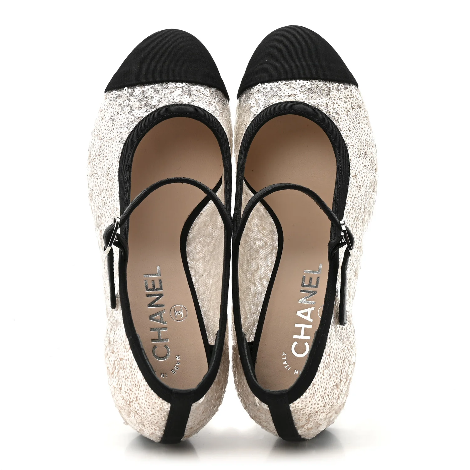 Glittered Tulle Sequin Grosgrain Cap Toe CC Mary Jane Pumps 36.5 Light Pink Black - Image 2