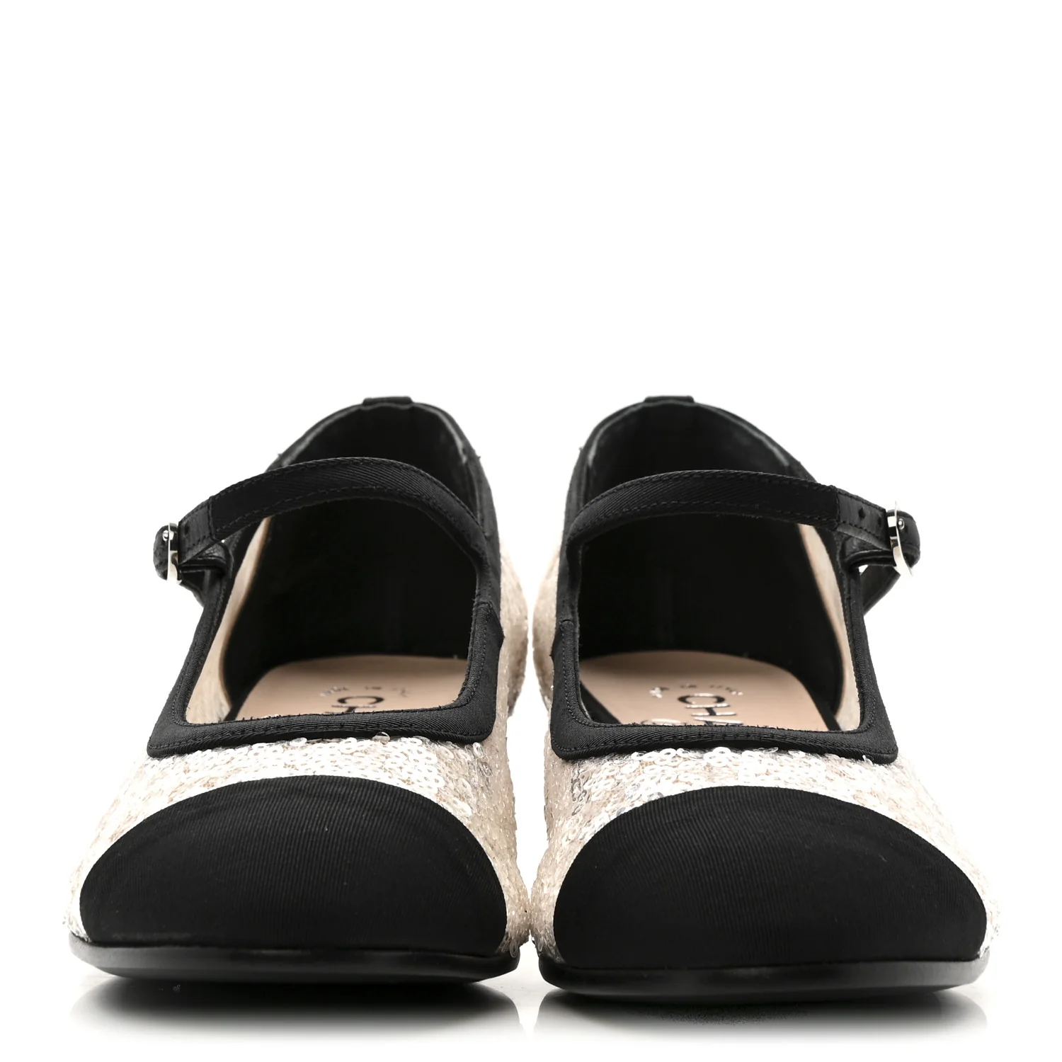 Glittered Tulle Sequin Grosgrain Cap Toe CC Mary Jane Pumps 36.5 Light Pink Black - Image 3