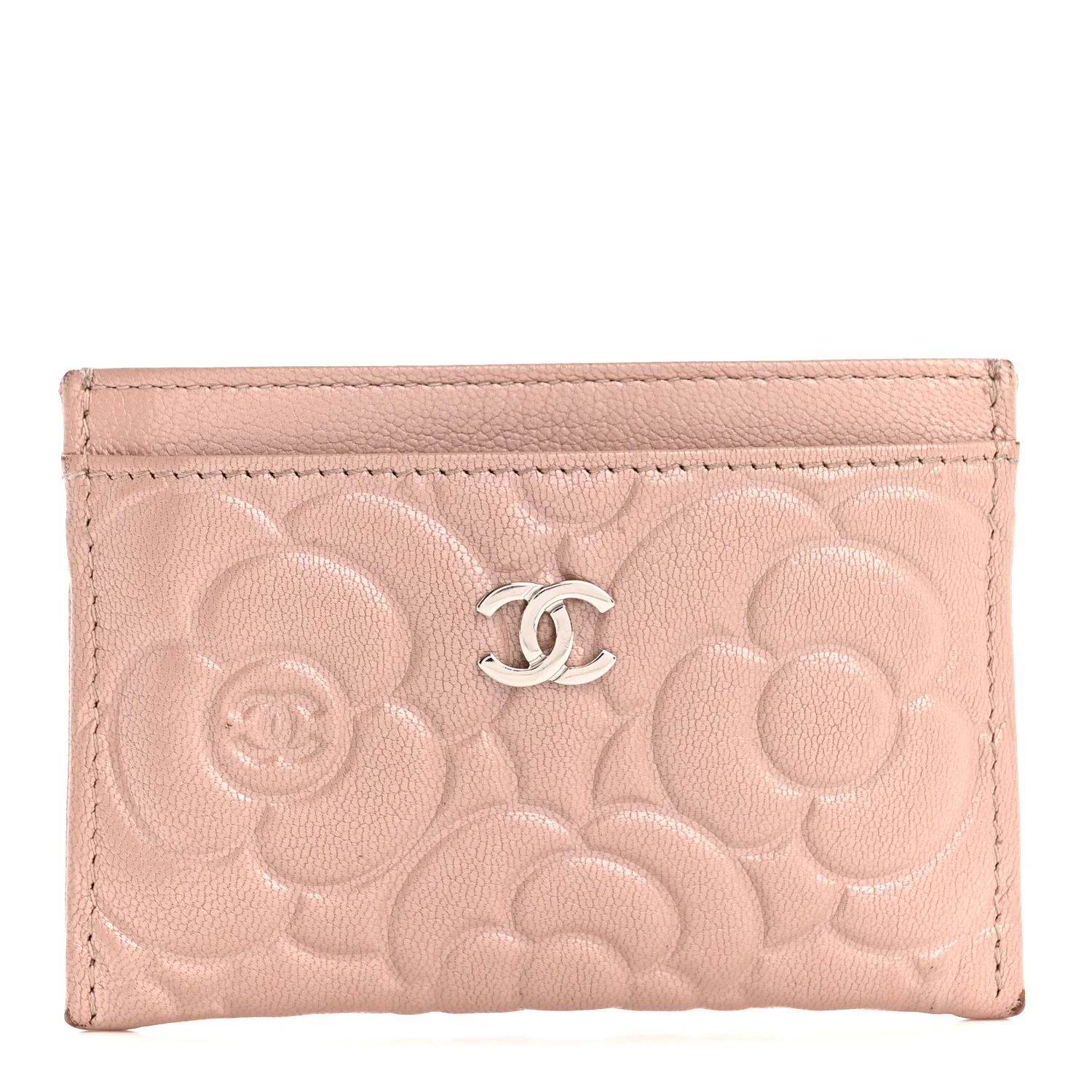 Goatskin Camellia Embossed Card Holder Light Pink
