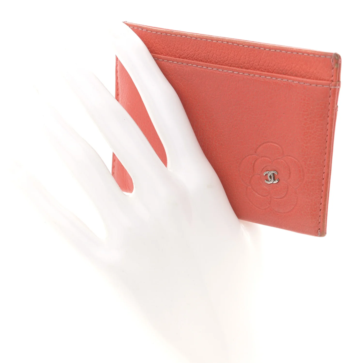 Goatskin Embossed Camellia Card Holder Coral - Image 2