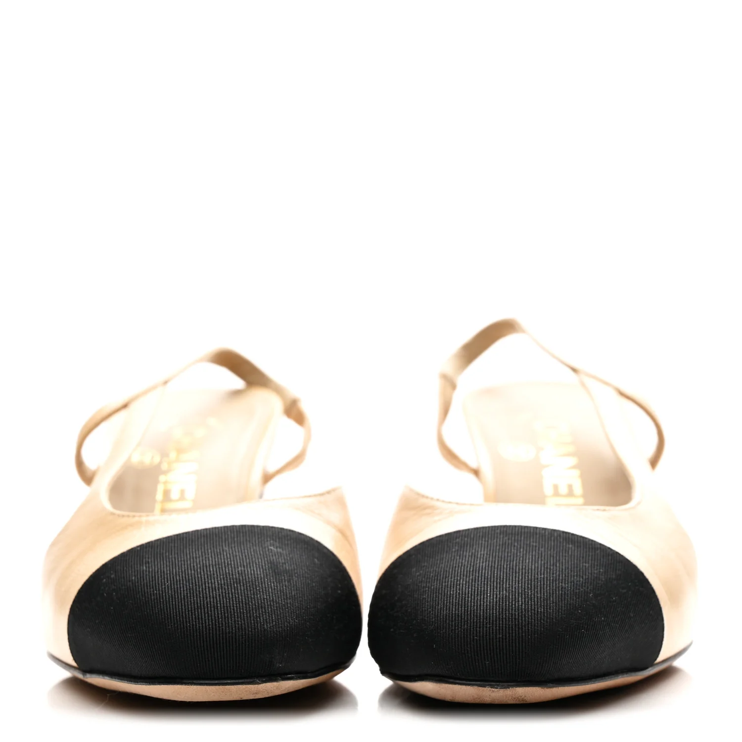 Goatskin Grosgrain Cap Toe CC Slingback Pumps 36.5 Beige Black - Image 3