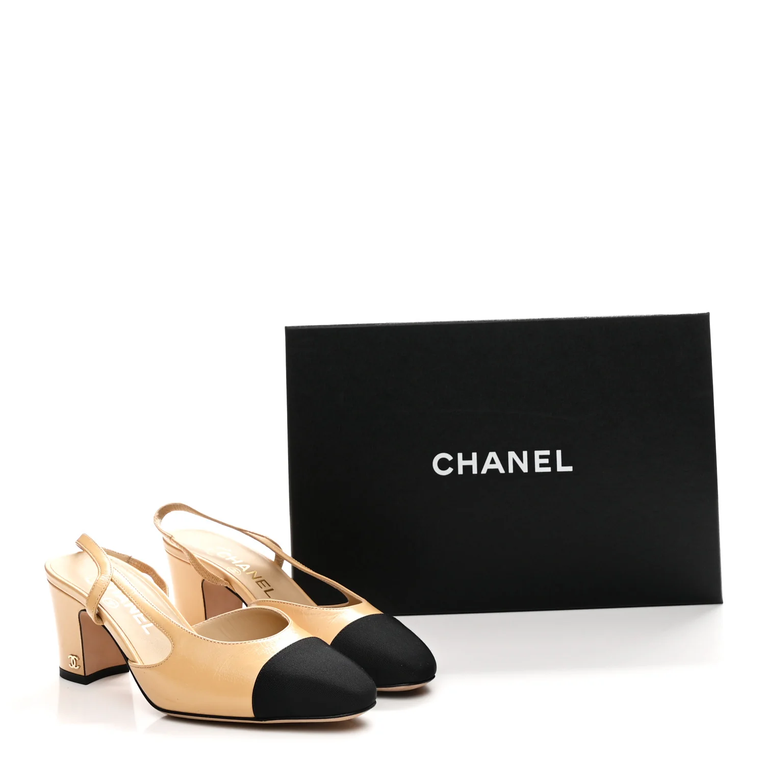 Goatskin Grosgrain Cap Toe CC Slingback Pumps 36.5 Beige Black - Image 7