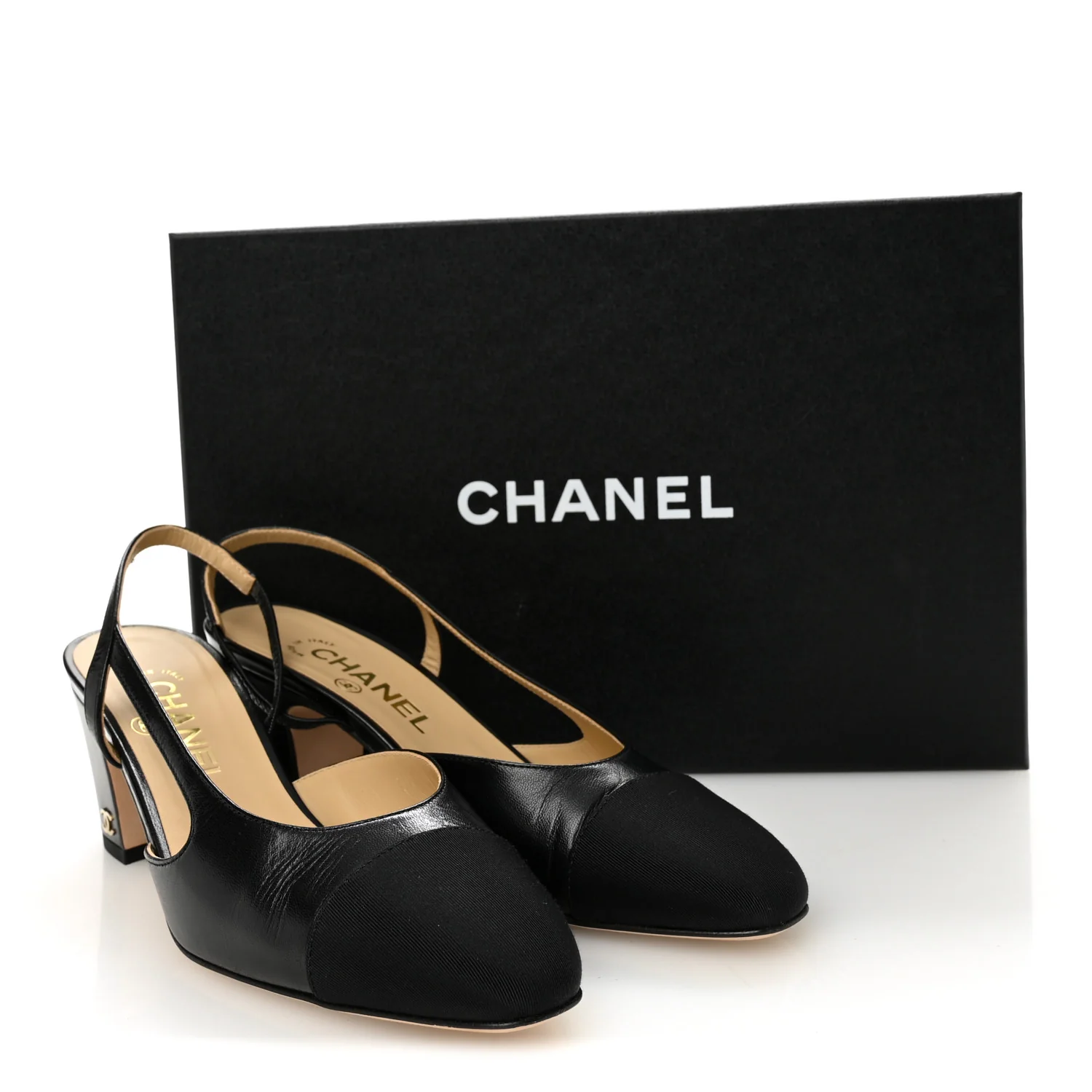 Goatskin Grosgrain Cap Toe CC Slingback Pumps 37 Black - Image 8