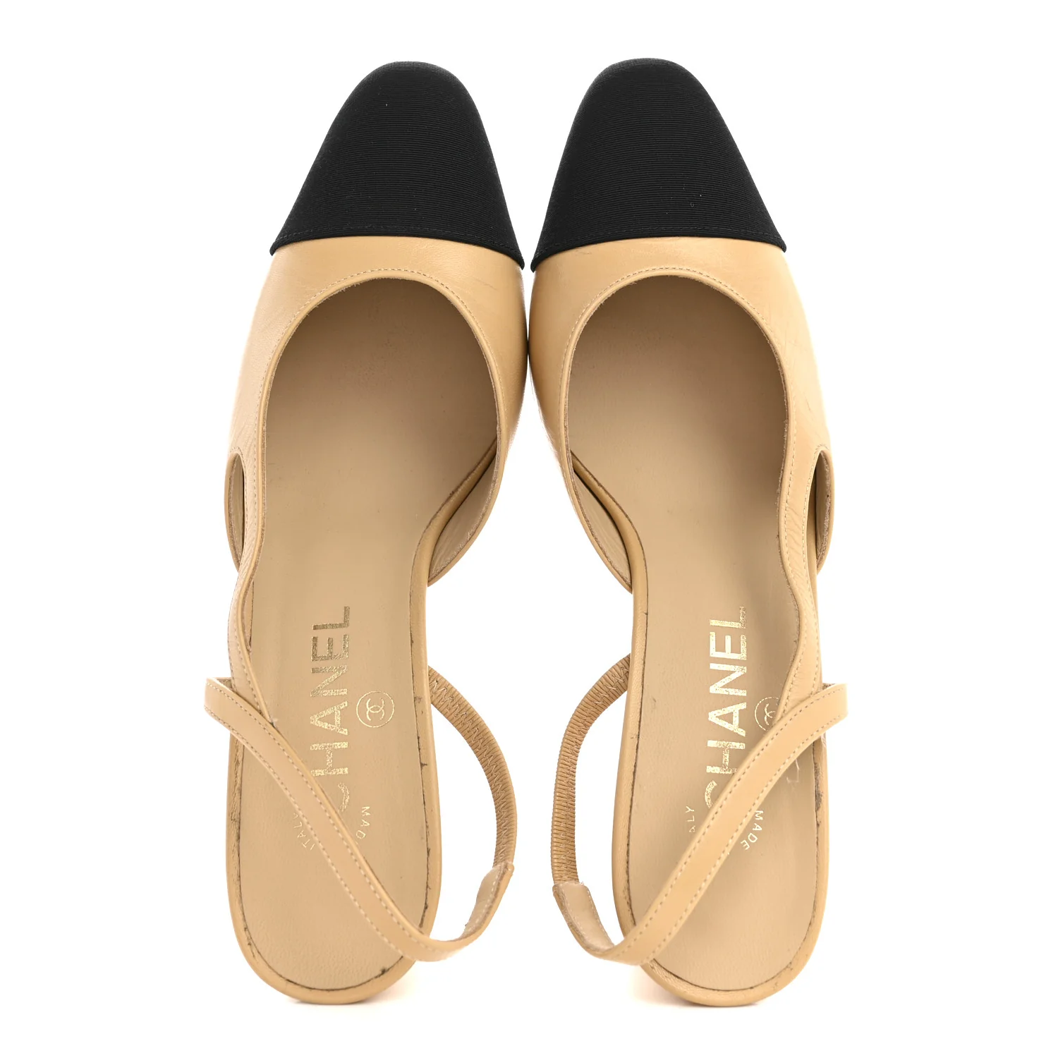 Goatskin Grosgrain Cap Toe CC Slingback Pumps 37.5 Beige Black - Image 2