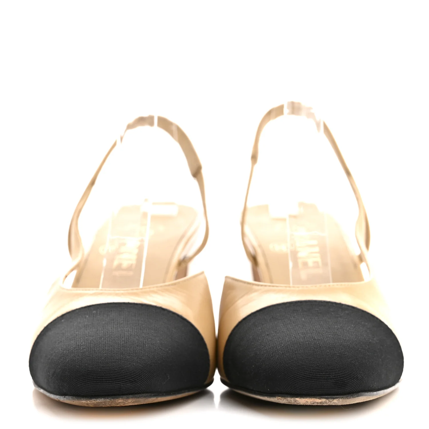 Goatskin Grosgrain Cap Toe CC Slingback Pumps 37.5 Beige Black - Image 3