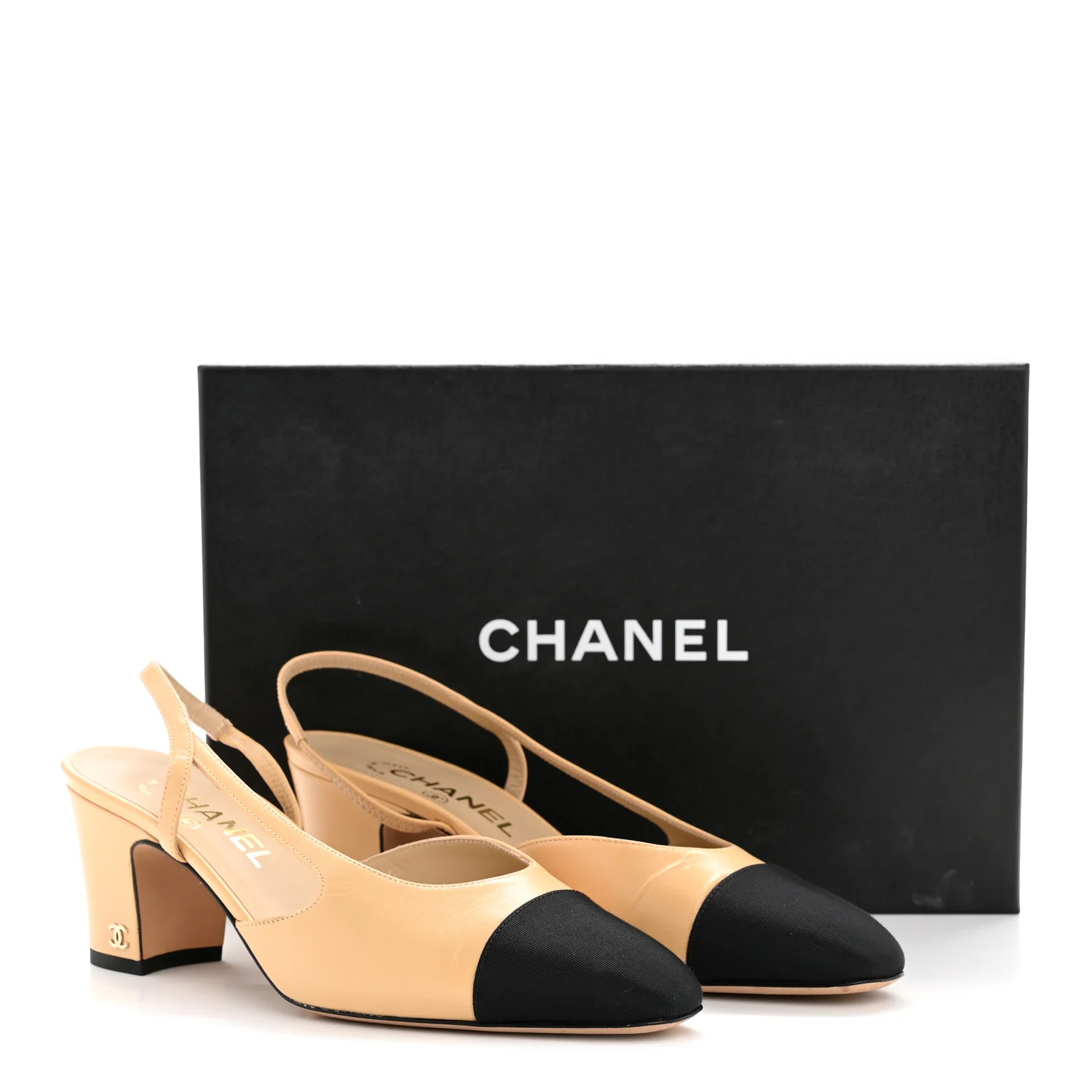 Goatskin Grosgrain Cap Toe CC Slingback Pumps 38 Beige Black - Image 11