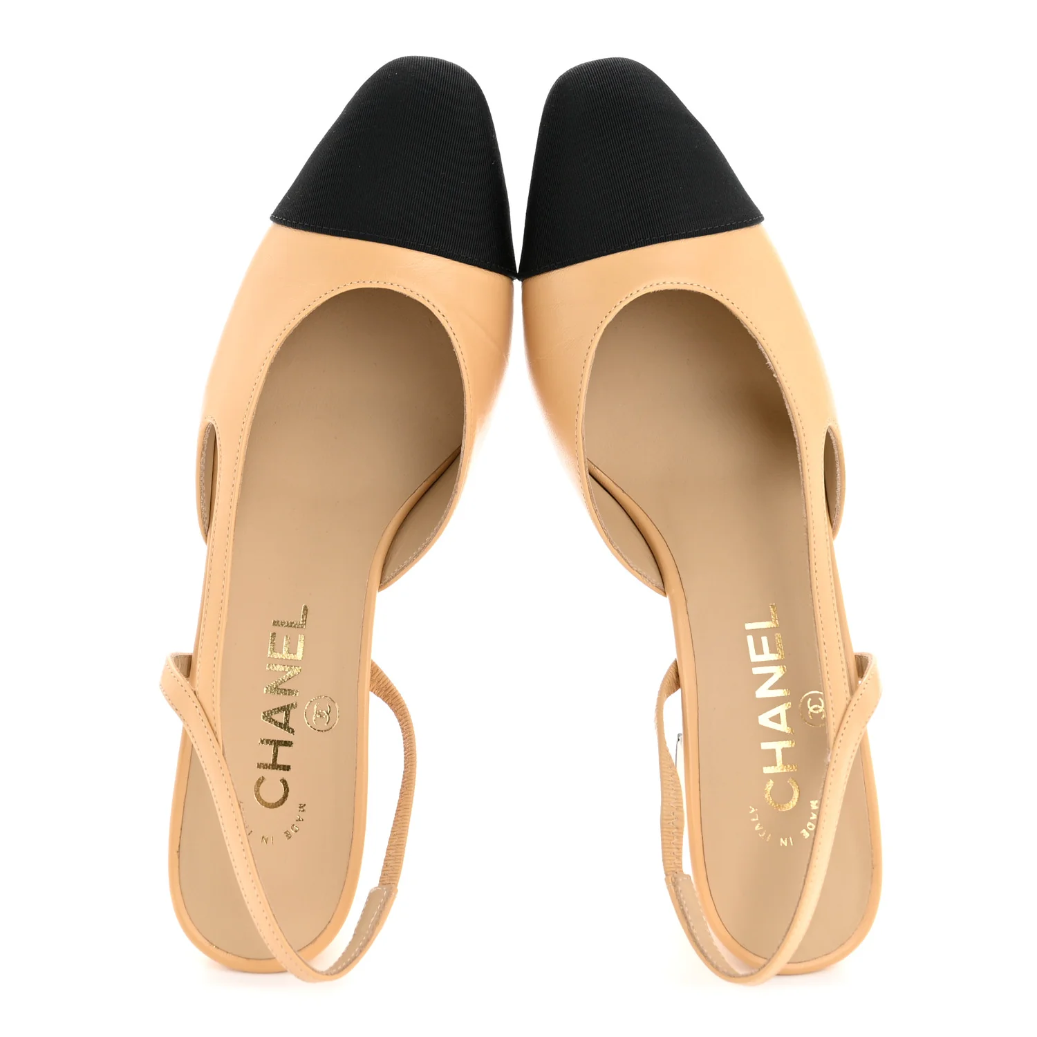 Goatskin Grosgrain Cap Toe CC Slingback Pumps 38 Beige Black - Image 2