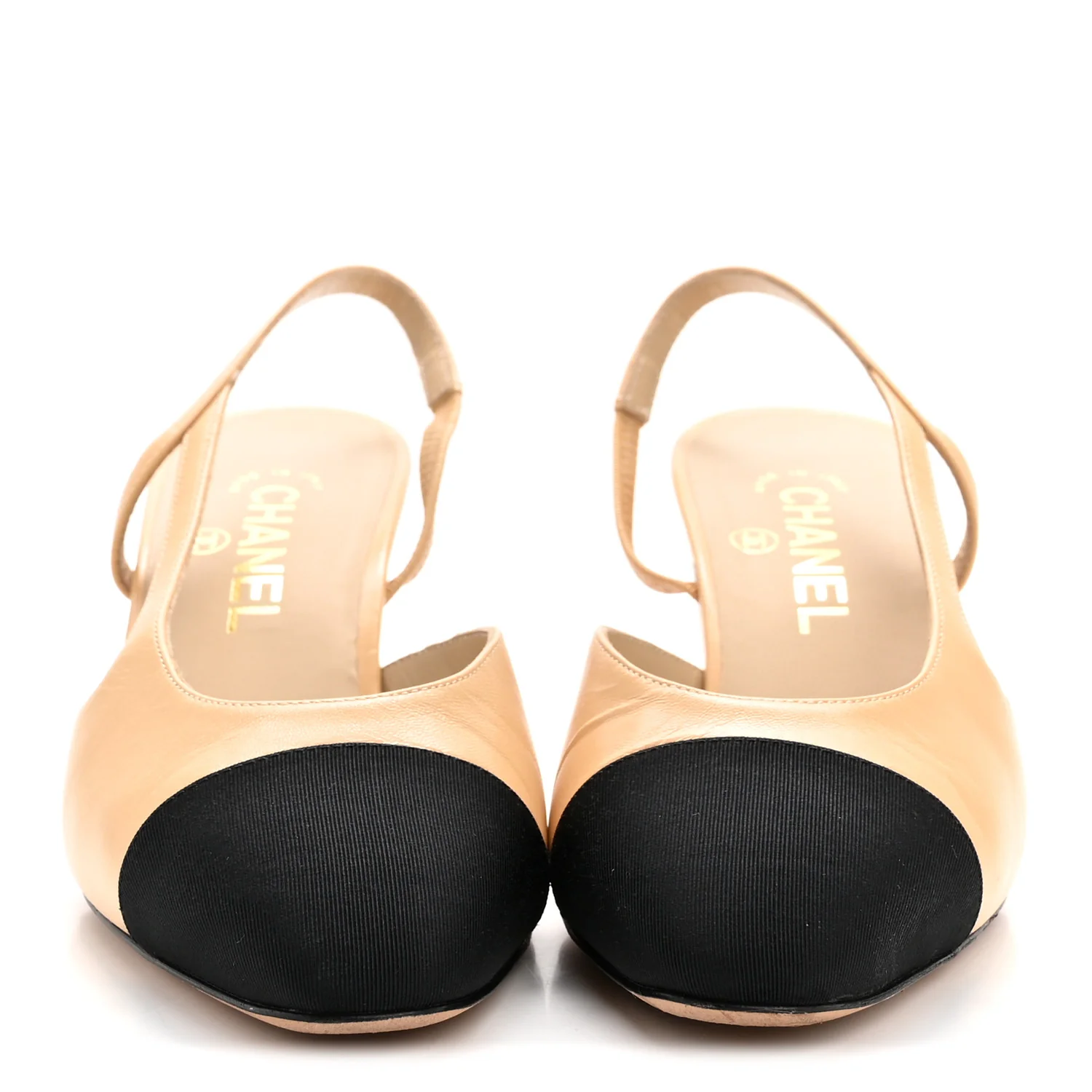 Goatskin Grosgrain Cap Toe CC Slingback Pumps 38 Beige Black - Image 3