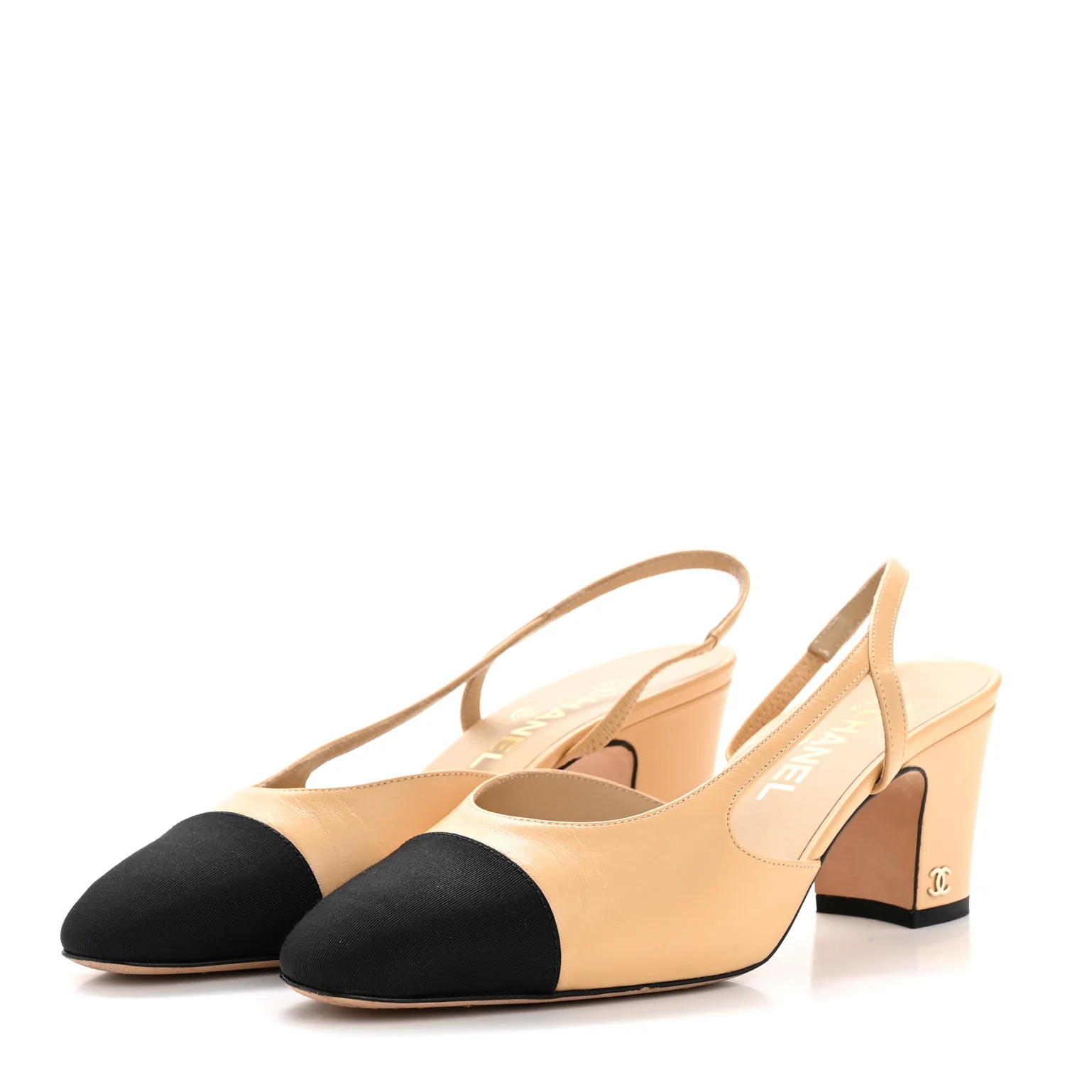 Goatskin Grosgrain Cap Toe CC Slingback Pumps 38 Beige Black - Image 4