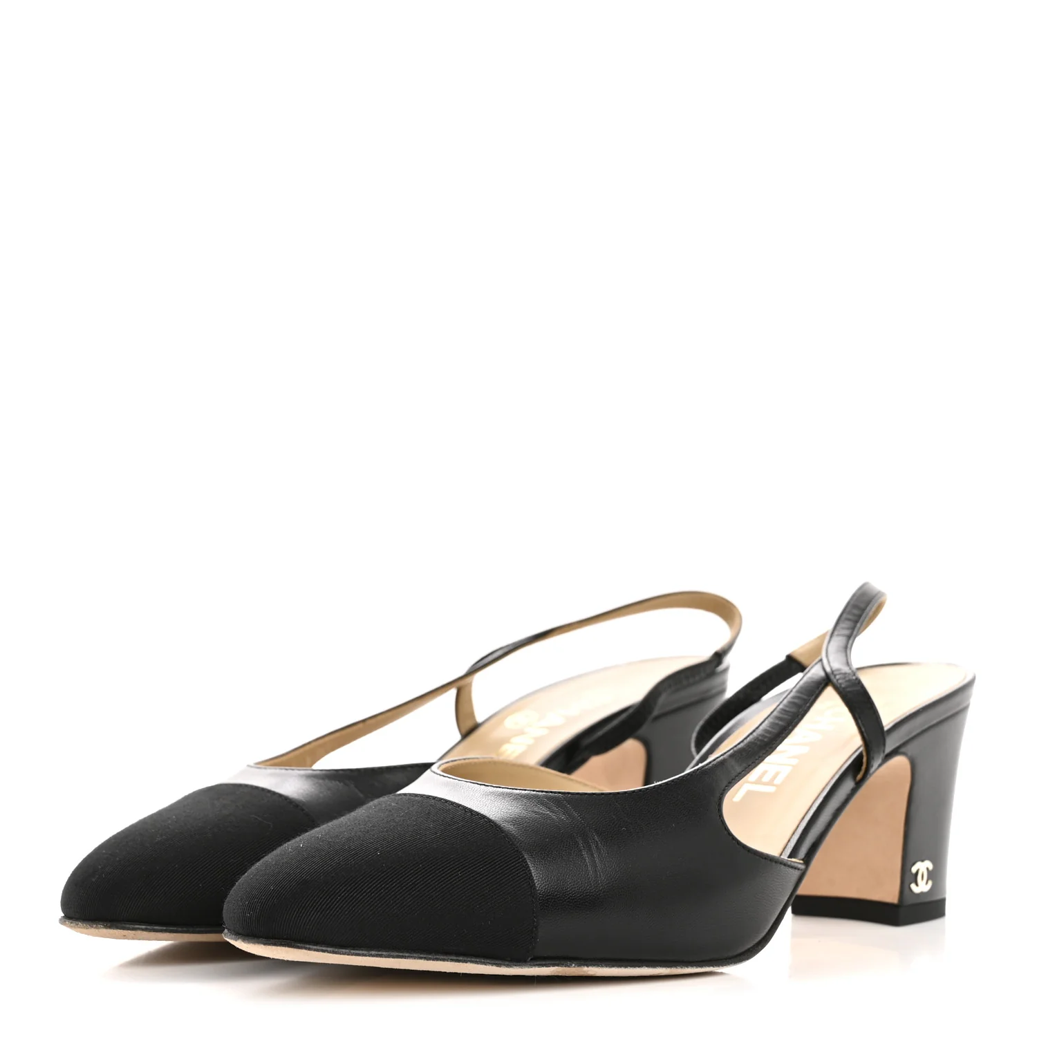 Goatskin Grosgrain Cap Toe CC Slingback Pumps 38.5 Black - Image 4