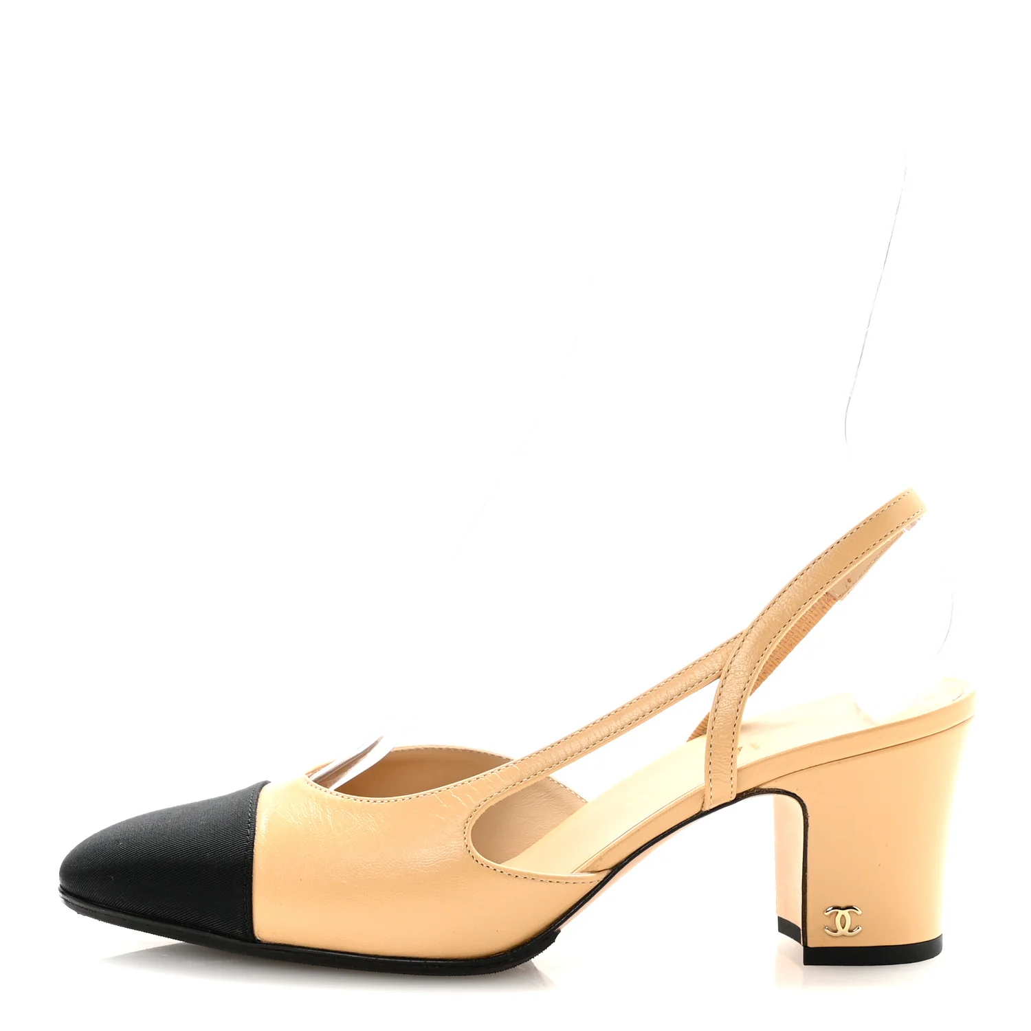 Goatskin Grosgrain Cap Toe CC Slingback Pumps 39 Beige Black