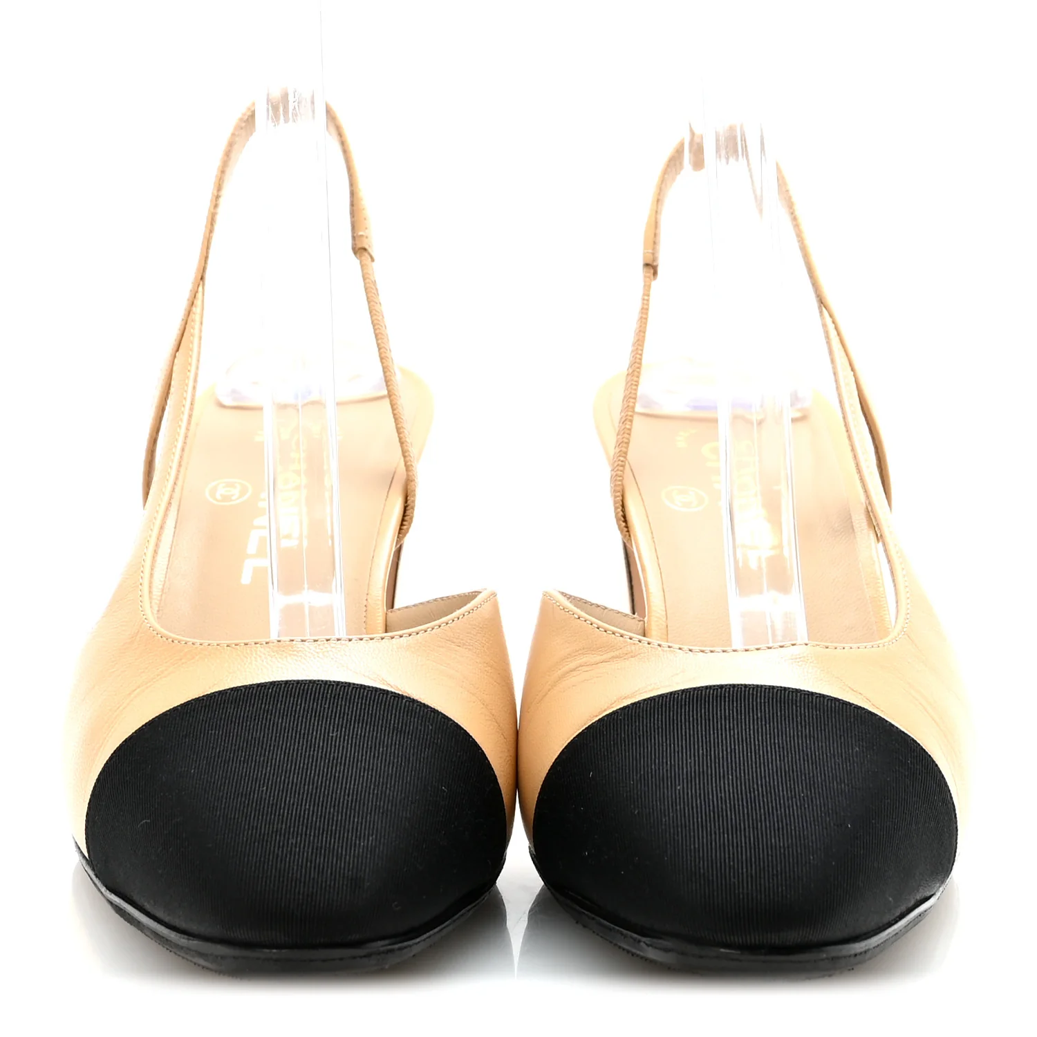 Goatskin Grosgrain Cap Toe CC Slingback Pumps 39 Beige Black - Image 3