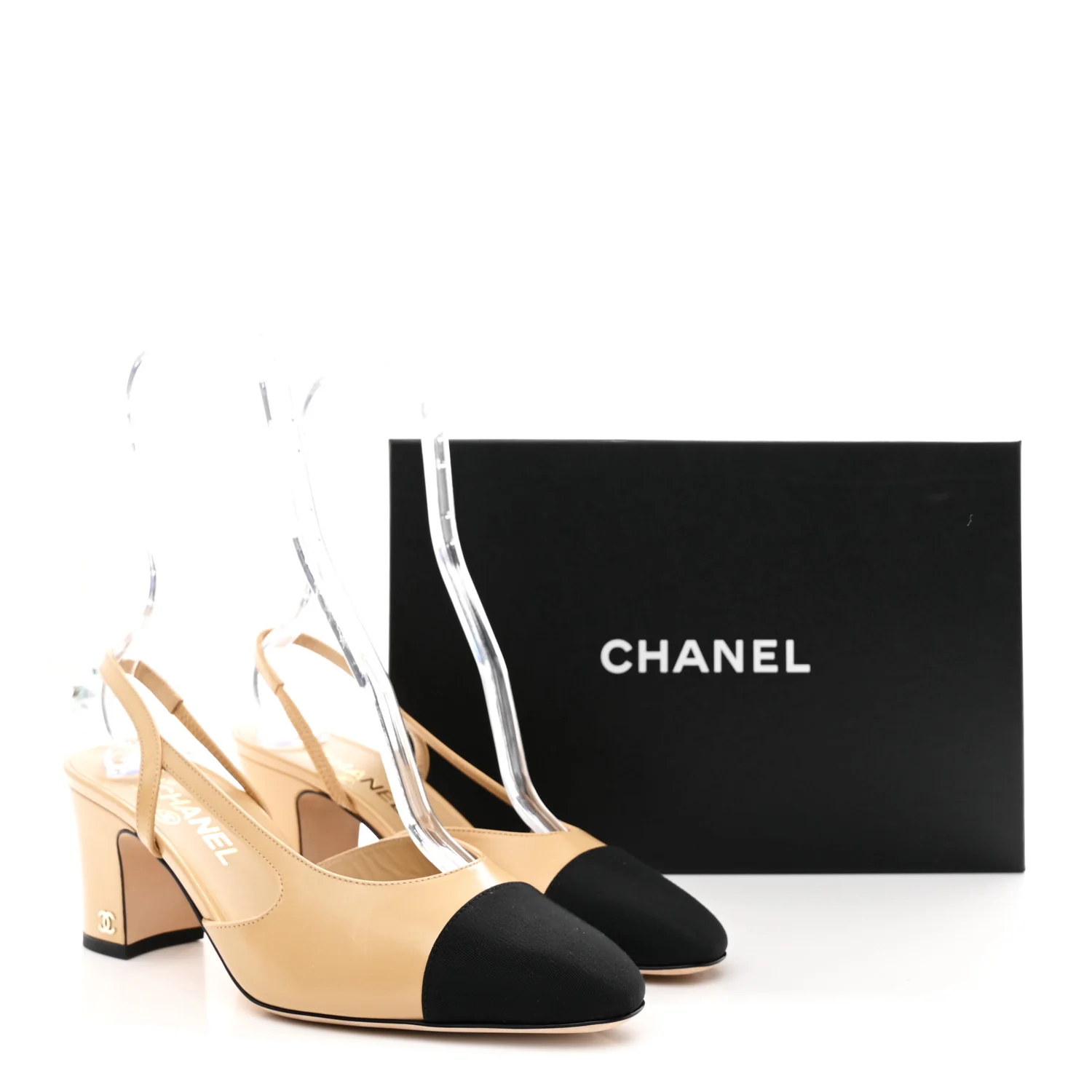 Goatskin Grosgrain Cap Toe CC Slingback Pumps 40 Beige Black - Image 10