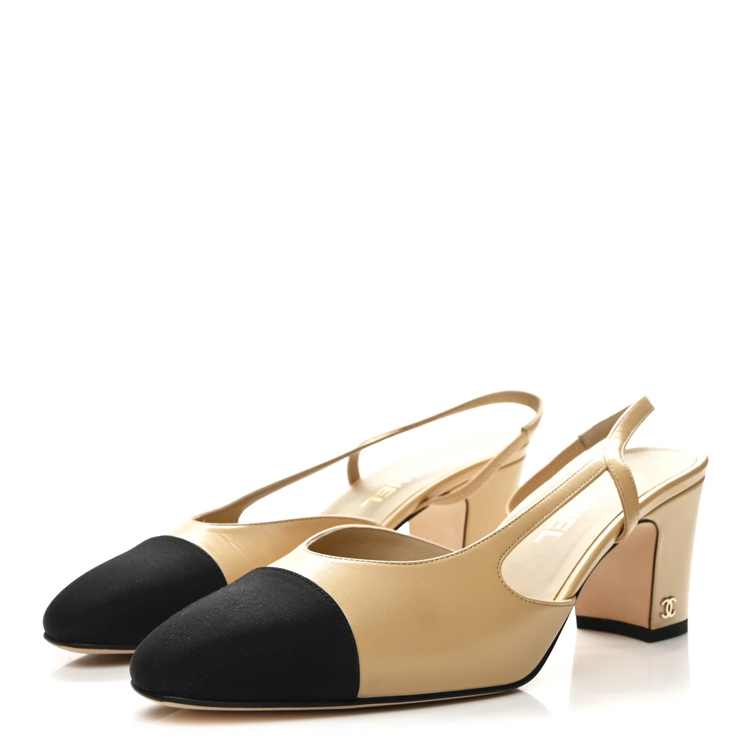 Goatskin Grosgrain Cap Toe CC Slingback Pumps 40.5 Beige Black - Image 4