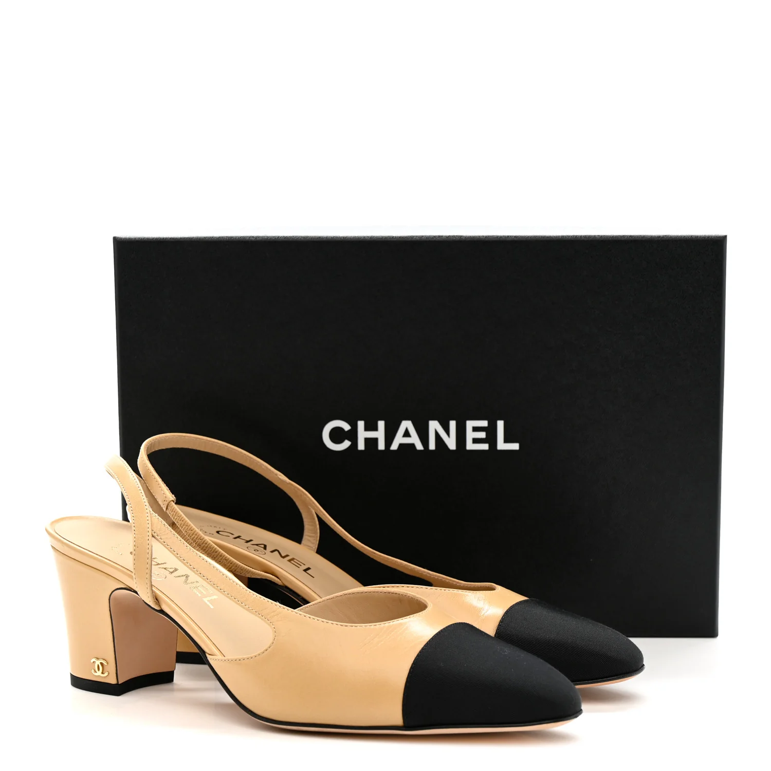 Goatskin Grosgrain Cap Toe CC Slingback Pumps 41 Beige Black - Image 12