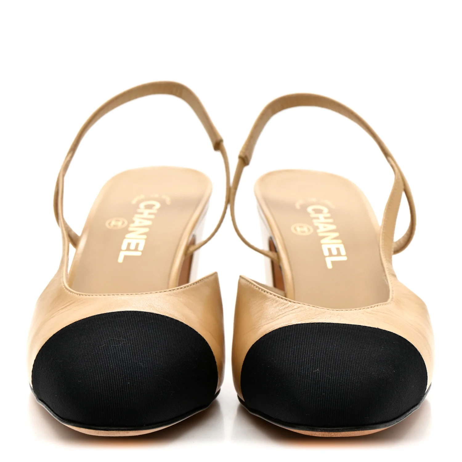 Goatskin Grosgrain Cap Toe CC Slingback Pumps 41 Beige Black - Image 3