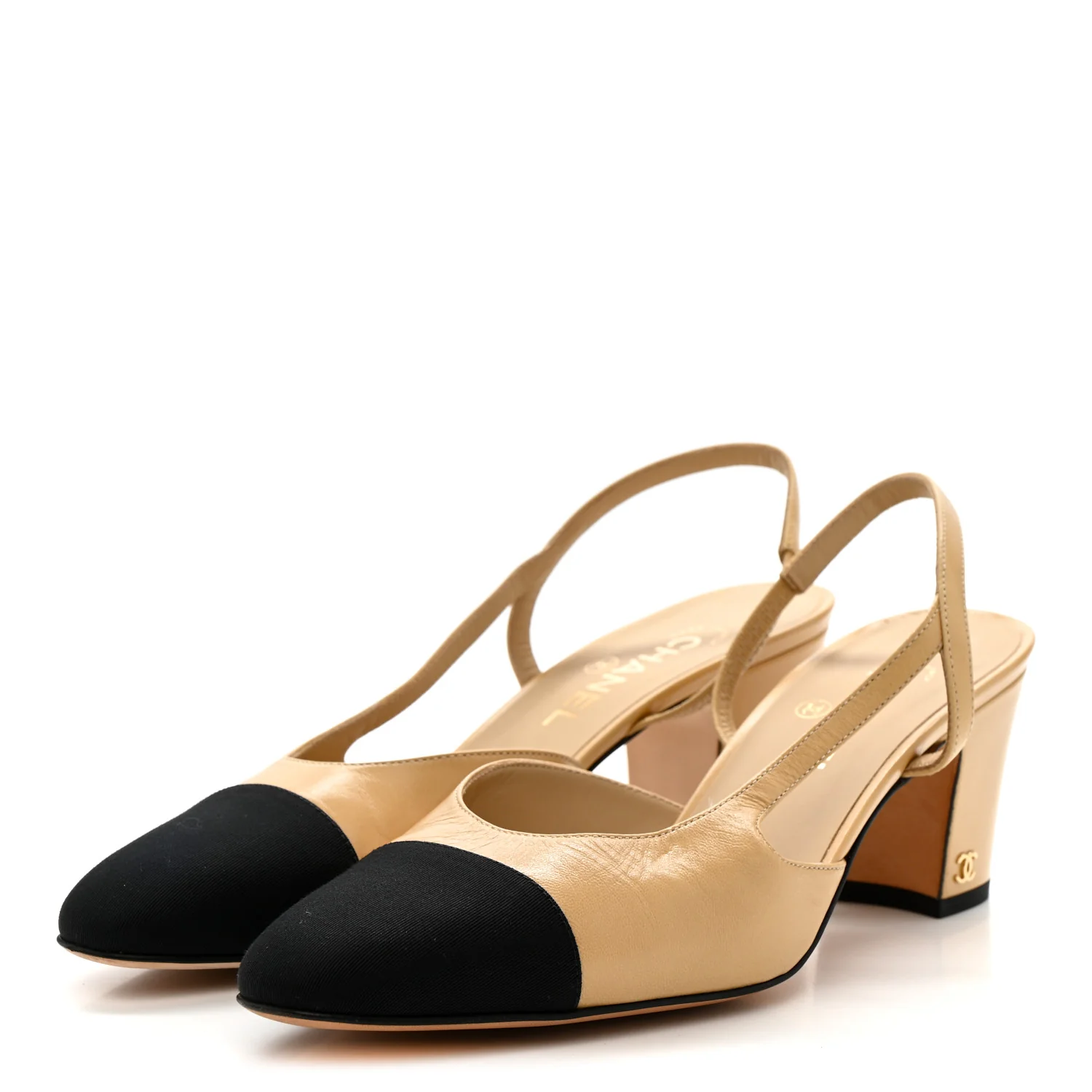 Goatskin Grosgrain Cap Toe CC Slingback Pumps 41 Beige Black - Image 4