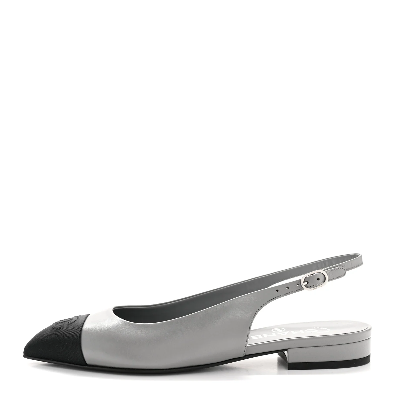 Goatskin Grosgrain Pointed Toe CC Slingback Flats 36 Gray Black