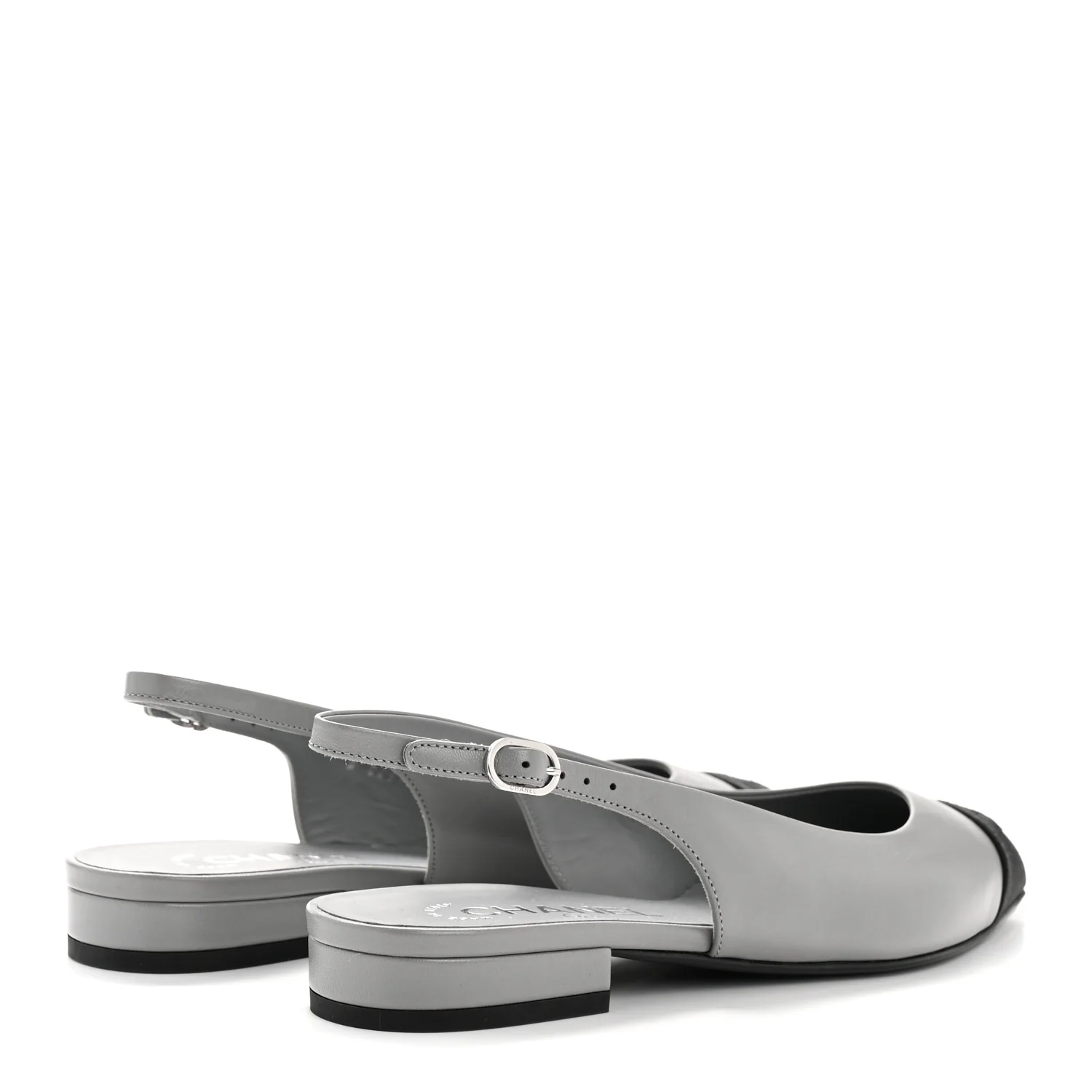 Goatskin Grosgrain Pointed Toe CC Slingback Flats 36 Gray Black - Image 13