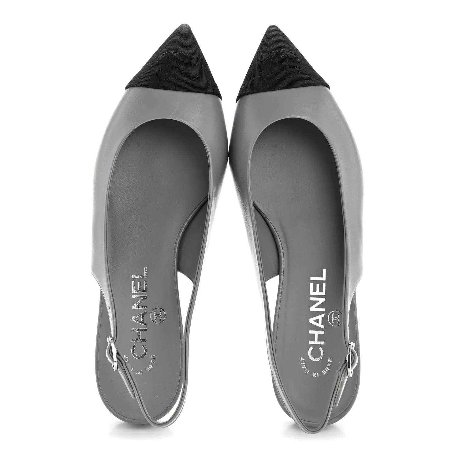 Goatskin Grosgrain Pointed Toe CC Slingback Flats 36 Gray Black - Image 5