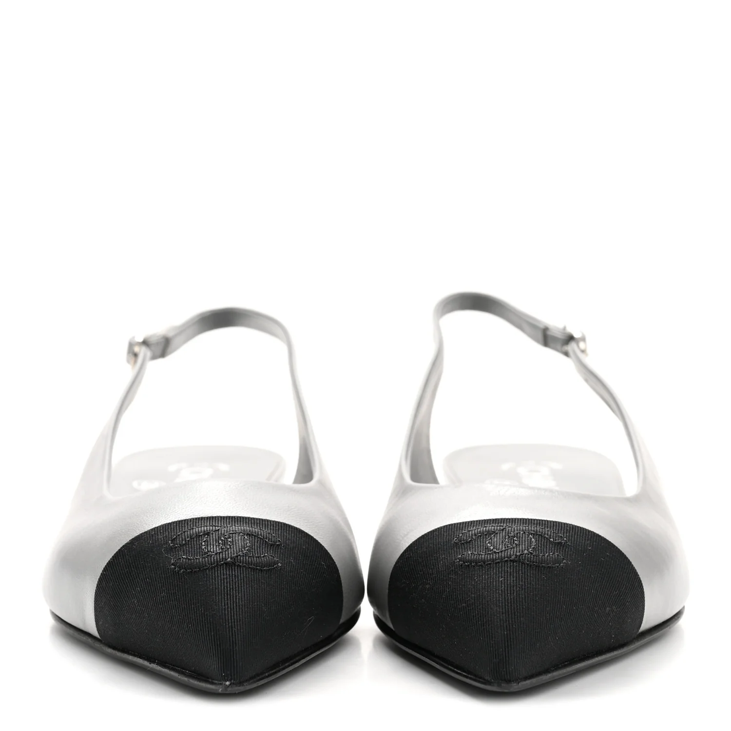 Goatskin Grosgrain Pointed Toe CC Slingback Flats 36 Gray Black - Image 8