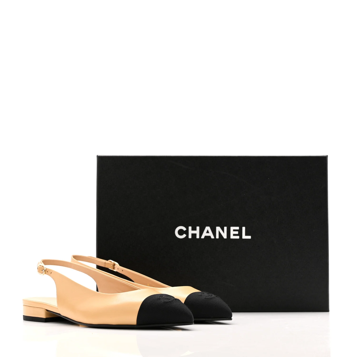 Goatskin Grosgrain Pointed Toe CC Slingback Flats 36.5 Beige Black - Image 10