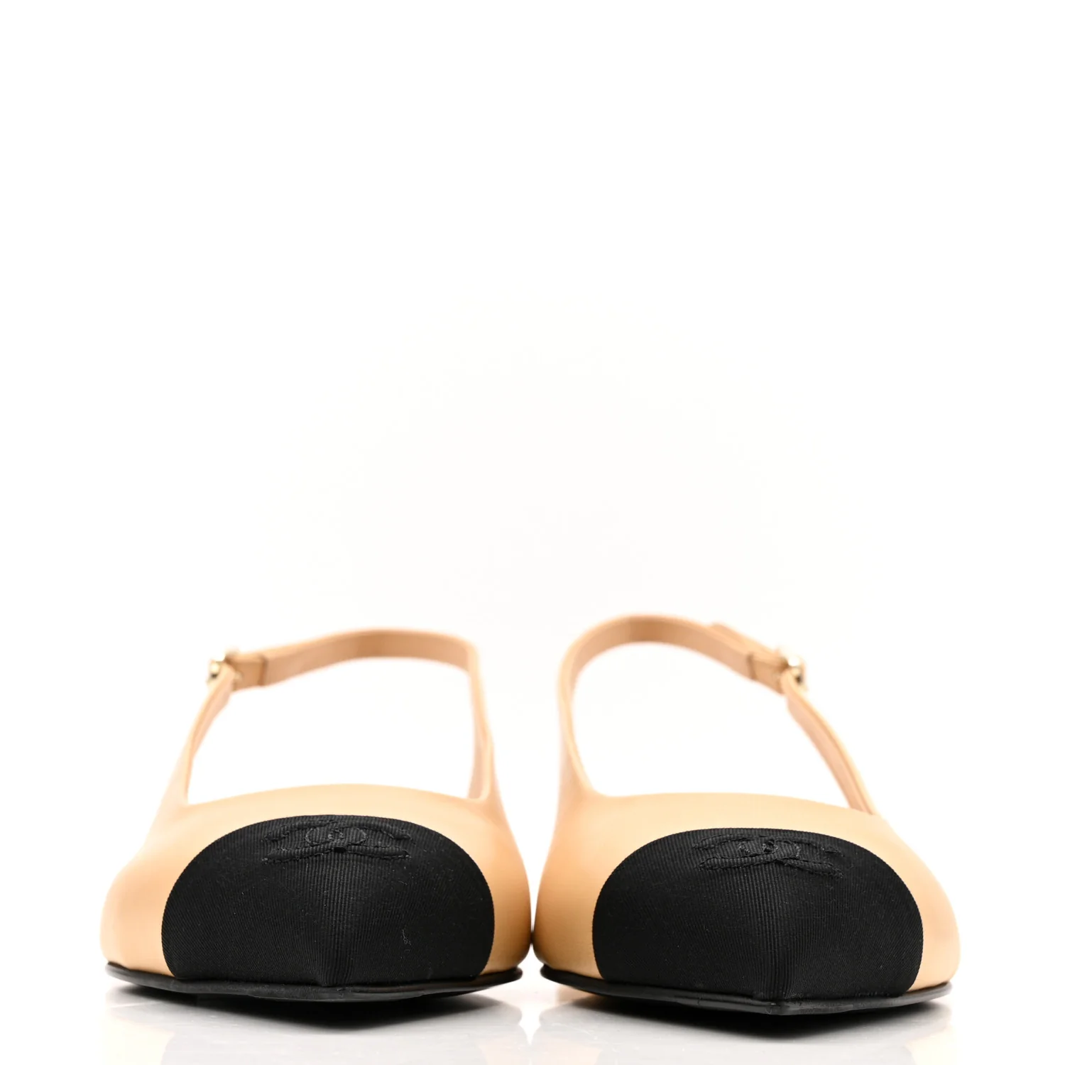 Goatskin Grosgrain Pointed Toe CC Slingback Flats 36.5 Beige Black - Image 3