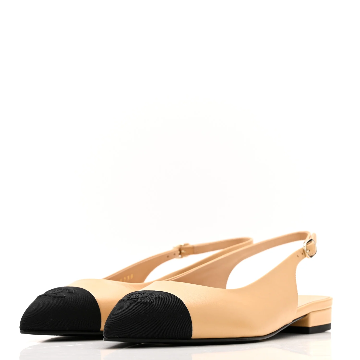 Goatskin Grosgrain Pointed Toe CC Slingback Flats 36.5 Beige Black - Image 4
