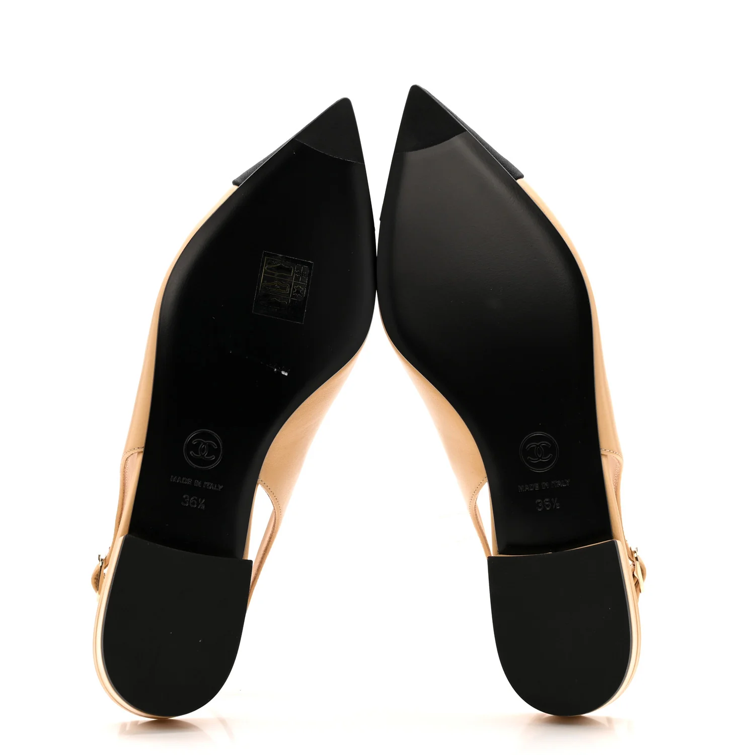 Goatskin Grosgrain Pointed Toe CC Slingback Flats 36.5 Beige Black - Image 6